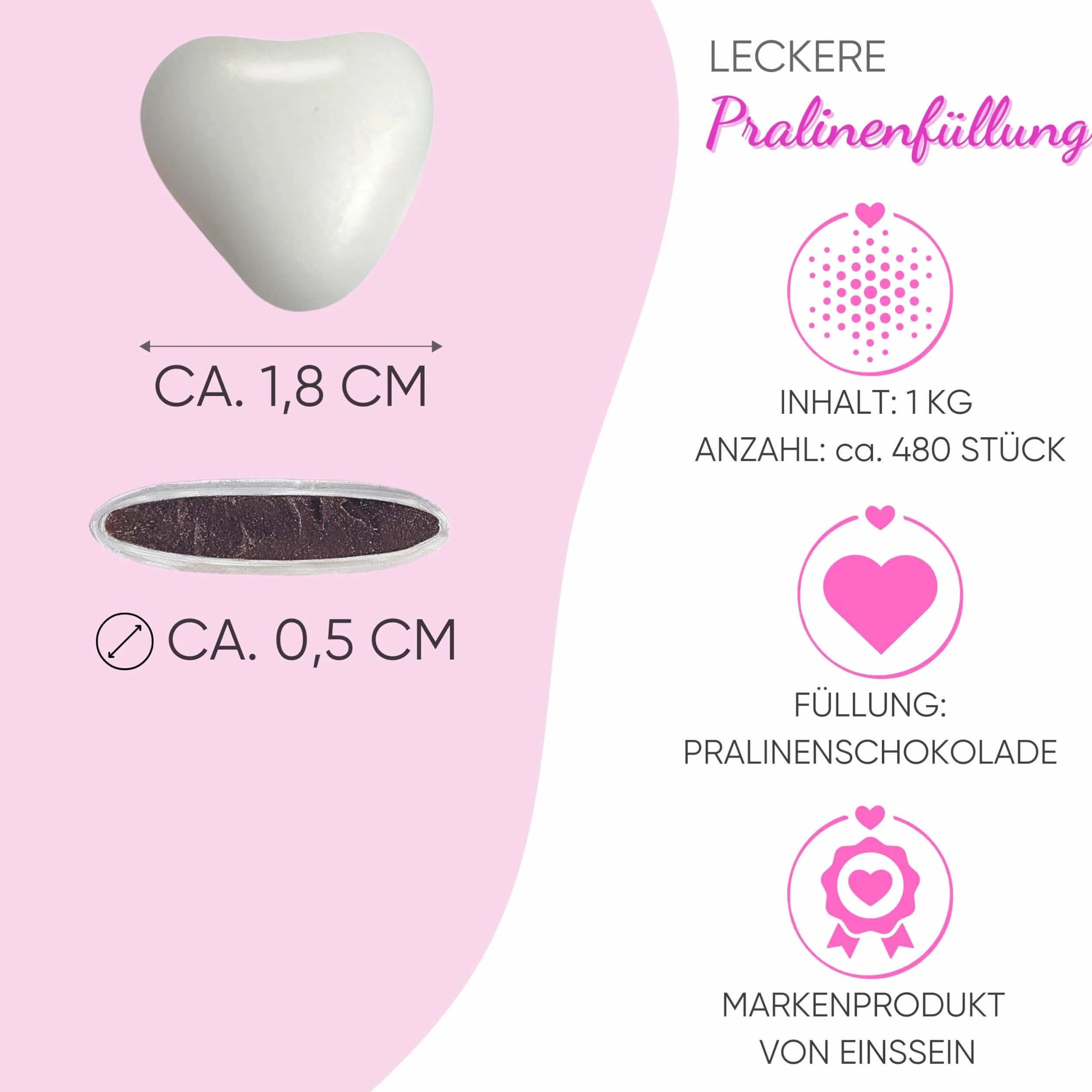 EinsSein 1kg Corazones de Chocolate grageas boda bautizo medio blanco-azul claro brillo