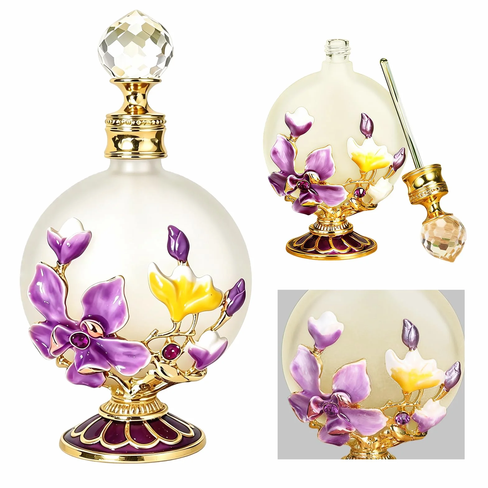 Joyeee Botellas de perfume de vidrio vacías 30 ml con magnolia rosa, frascos portátiles de aceite esencial vintage