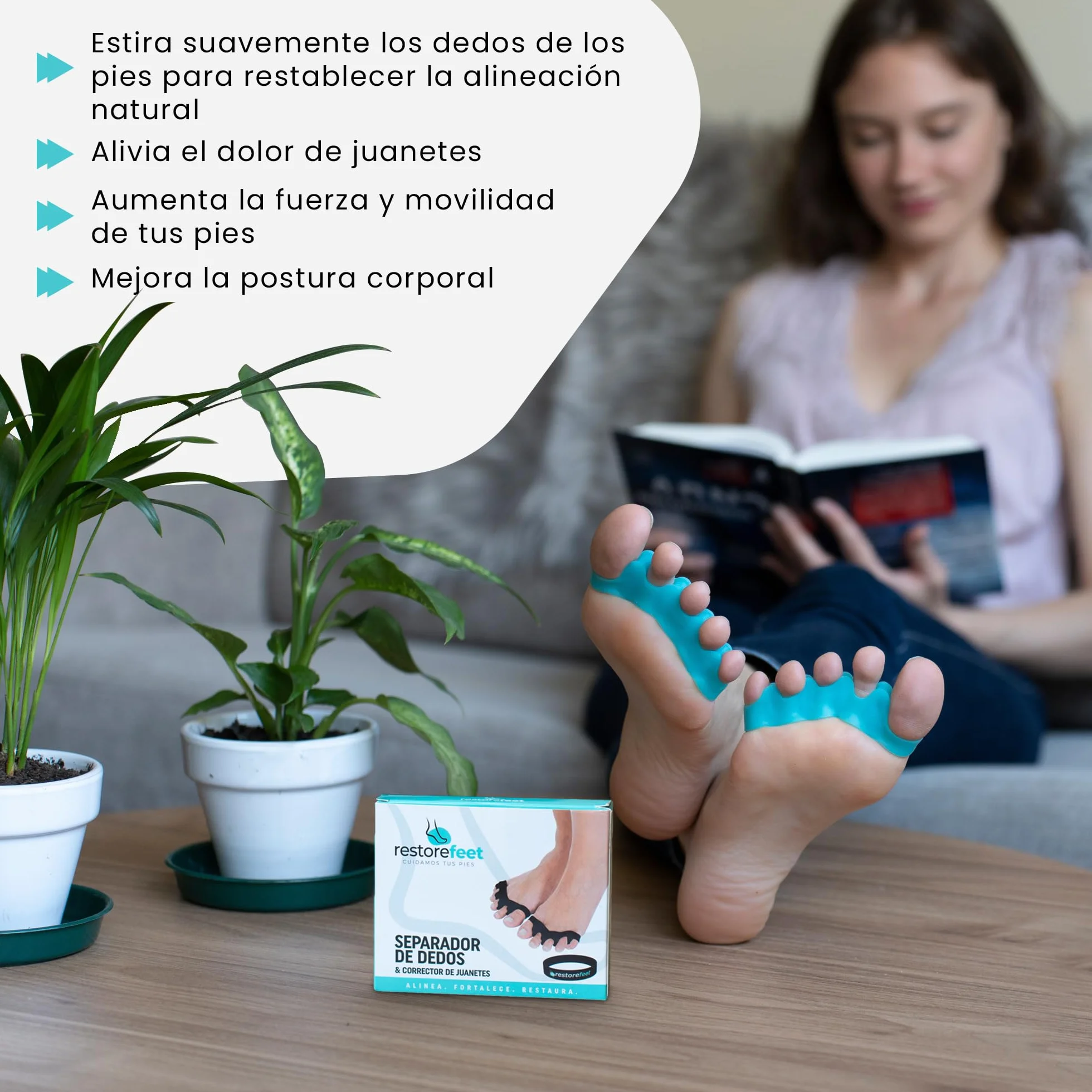 RestoreFeet Separadores de Dedos de los Pies, 2 pares + Banda Anti-Juanetes para Enderezar Dedos Torcidos, 0% BPA