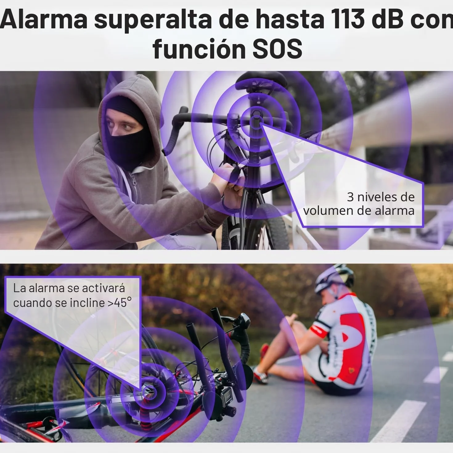 Fosmon Alarma inalámbrica antirrobo para Bicicleta con Control Remoto, Impermeable, Funciona con Pilas, Alarma de Seguridad súper Fuerte de 113 dB para Bicicleta, Motocicleta, Scooter de Movilidad,