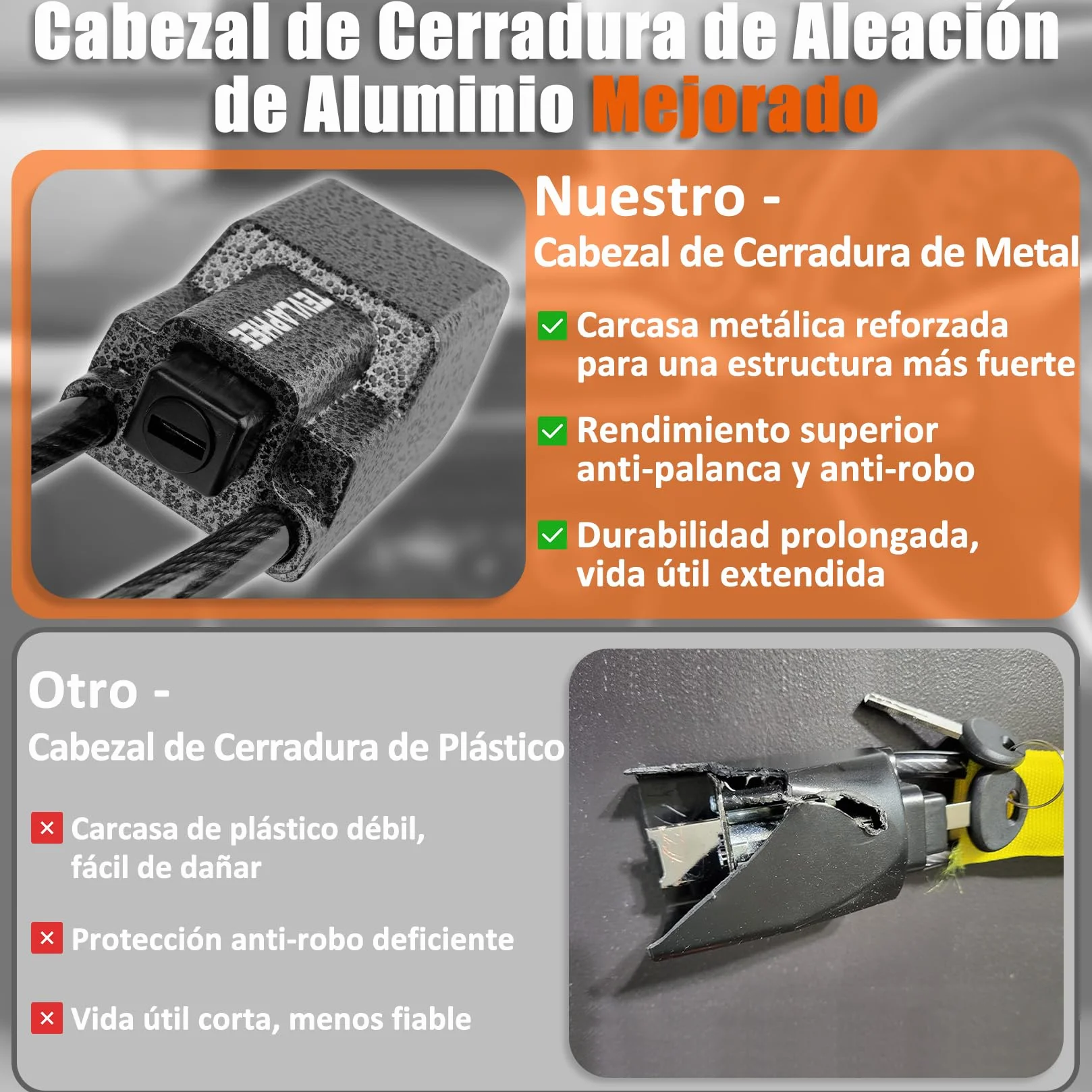 Tevlaphee Antirrobo Coche, Barra Antirrobo Coche, Cabeza Metálica, Cerradura Auto Alta Visibilidad, Robusto, Servicio Pesado, Ajuste Universal, 3 Llaves(Negro)