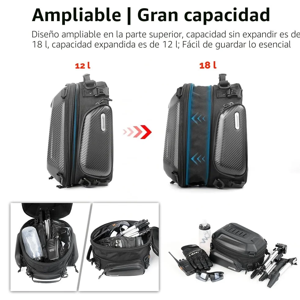 Rhinowalk Bolsa de almacenamiento para motocicleta, carcasa rígida, impermeable, capacidad 12-18L expandible