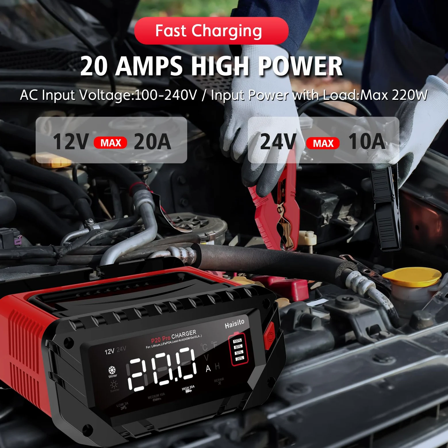 Haisito Cargador de batería de coche P20Pro, 12 V, 24 V, 20 A, cargador inteligente para baterías de iones de litio LiFePO4, baterías de plomo-ácido (AGM, GEL, EFB, MF, etc.), barcos, camiones