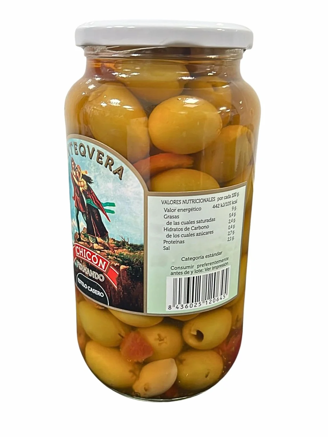Chicón Lebrón Aceitunas Gordal Deshuesadas Calibre Gigante 80/120 Estilo Casero con Ajo Pimiento Picante Tarro 900g