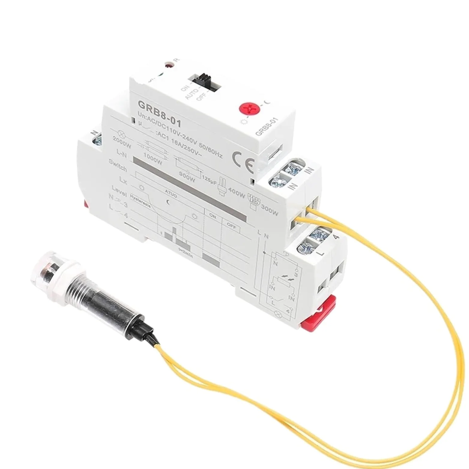 GRB8-01/02 Interruptor crepuscular de riel DIN, temporizador, sensor de luz, relé, CA 110 V-240 V, encendido y apagado automático(GRB8-02 AC110-240V)