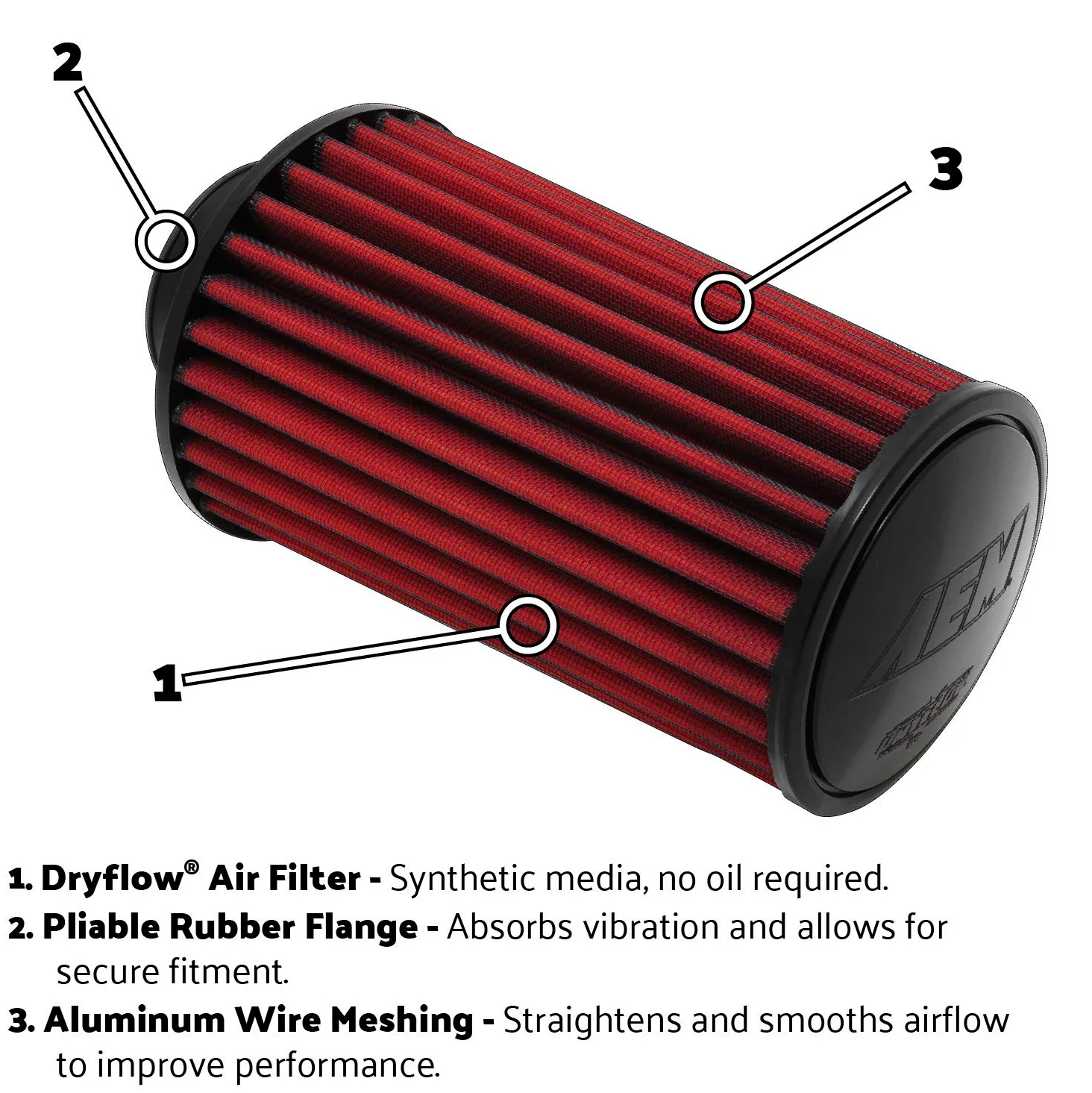 AEM 21-2259DK Filtro de aire universal DryFlow con abrazadera: ovalado cónico; diámetro interior de brida de 102 mm; altura de 229 mm; base de 267 mm x 203 mm; parte superior de 241 mm x 171 mm