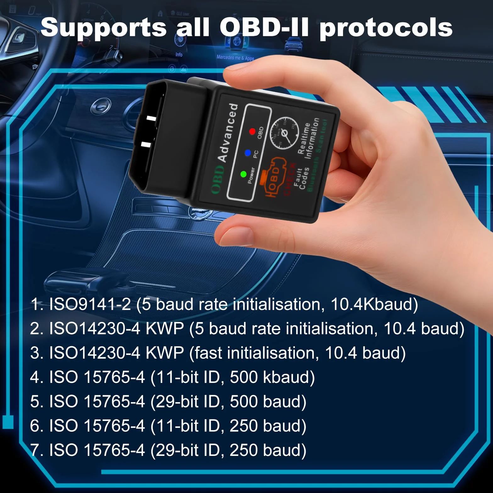 OBD2 Diagnosis ELM 327, Diagnosis Coche Multimarca, Maquina Diagnosis Coche con Múltiples Protocolos, Escaner para Coches para iOS, Android y Windows. Para Vehículos Fabricados Después de 1996.