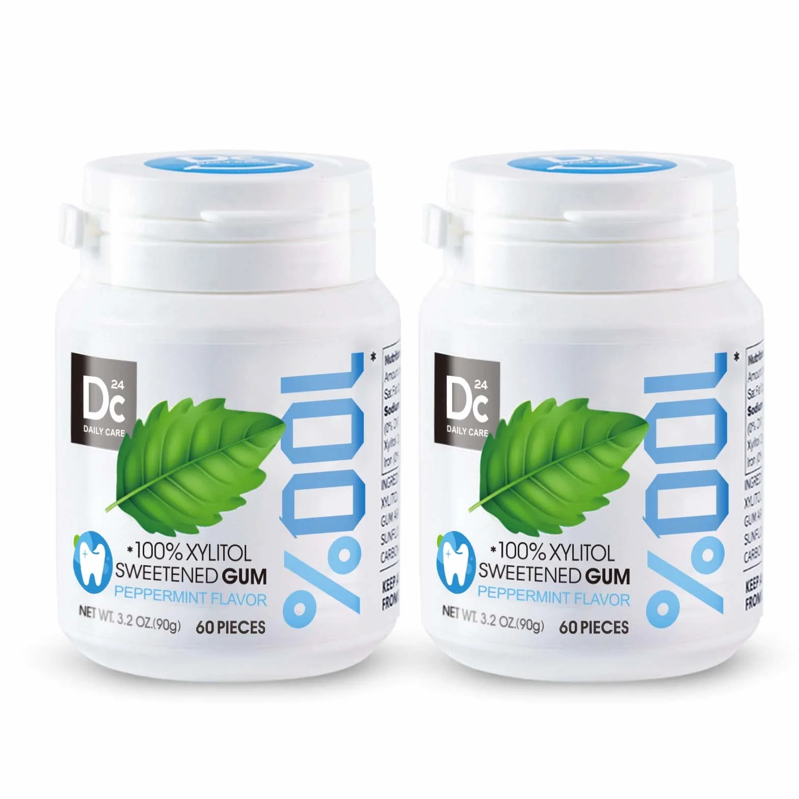 Chicle 100% Xilitol Sin Azúcar Menta Piperita 60 Piezas Paquete de 2 Vegano Sin Gluten