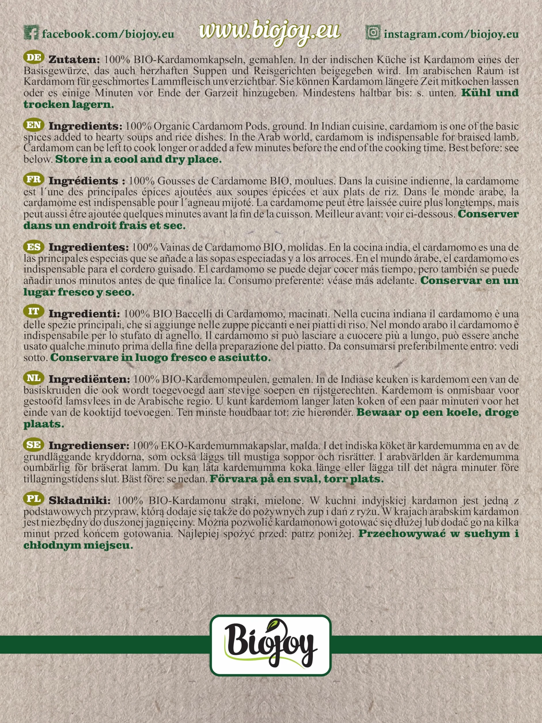 Biojoy Cardamomo molido BÍO 250 g Polvo de Elettaria cardamomum