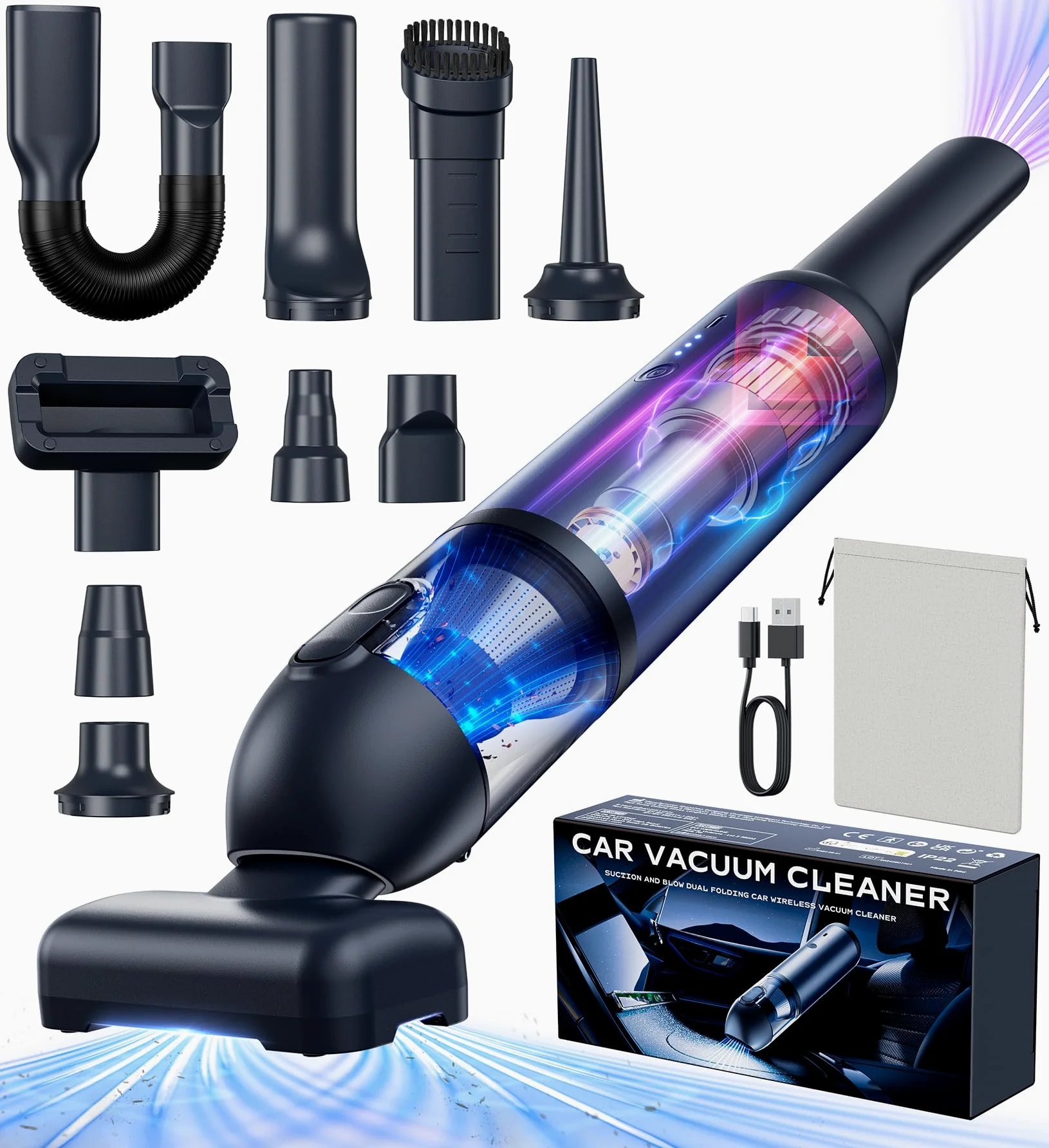 Aspirador de Mano, 16000PA Aspiradora de Mano 9 en 1 con Motor sin Escobillas, Aspirador sin Cable con 2 Niveles de Succión, Aspirador de Mano Potente para PC,Casa,Rincones,Oficina,Pelo de Mascota