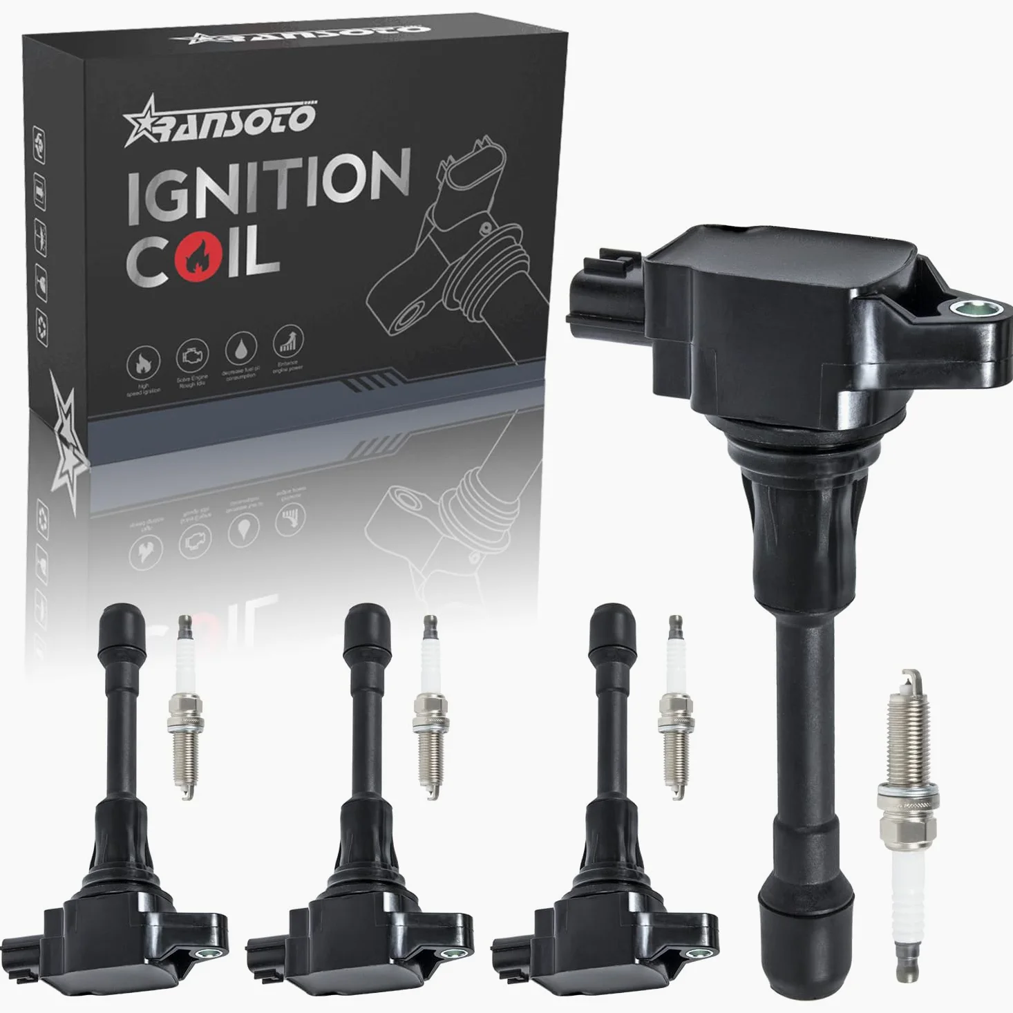 RANSOTO Paquete de bobina de encendido y bujía compatible con Nissan Altima Cube Rogue Sentra Versa NV200 1.6L 1.8L 2.0L 2.5L L4 sustituye a UF549 9029, juego de 4