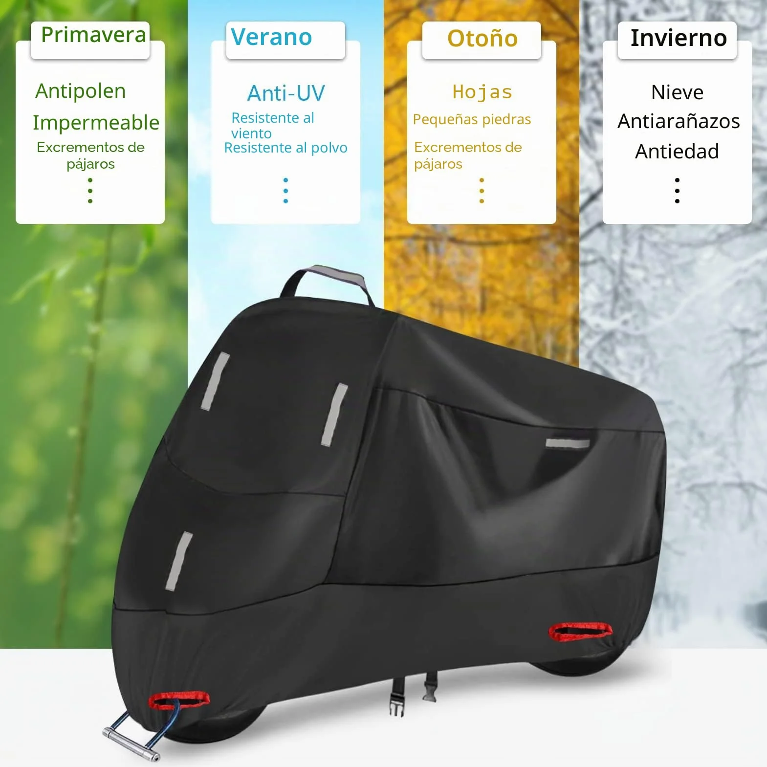Funda Moto Impermeable para Exterior Interior, 300D Cubierta de Motocicleta Scooter Moped con 5 Tiras Reflectantes y 2 Orificios para Cerradura, 2 Hebillas de fijación (L: 220 x 95 x 110 cm)