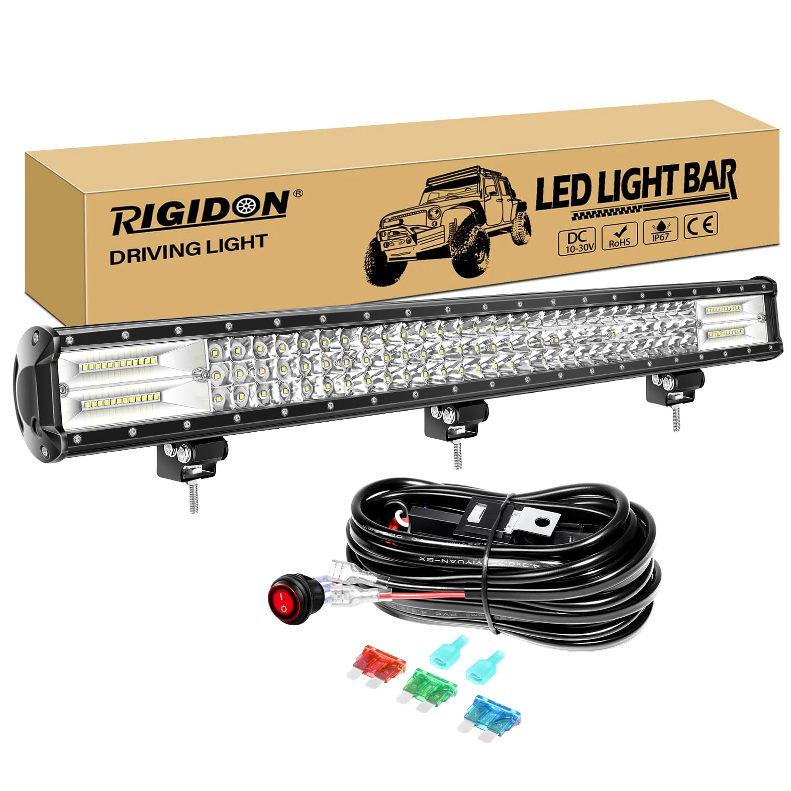 RIGIDON Barra de luz led Coche 4x4 28 Pulgadas 73cm 396W y 12V cableado Kit | tri fila barras luminosas led, lámpara de conducción, para off road camión coche ATV SUV 4x4 barco, 6000K blanco, impermeable