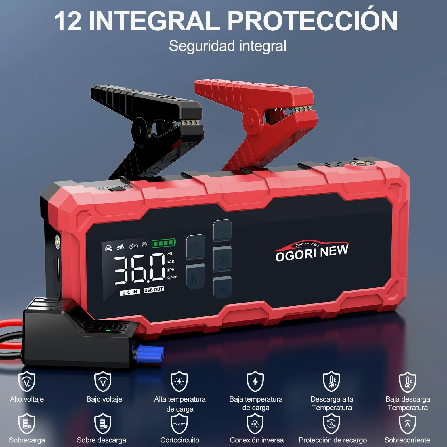 Arrancador de Coche 8000A,Arrancador de Baterias para Coche 12V con Compresor Aire Portatil(para 10L de Gasolina o 8L de Diésel),Jump Starter con Pinzas de Seguridad Inteligentes/luz LED