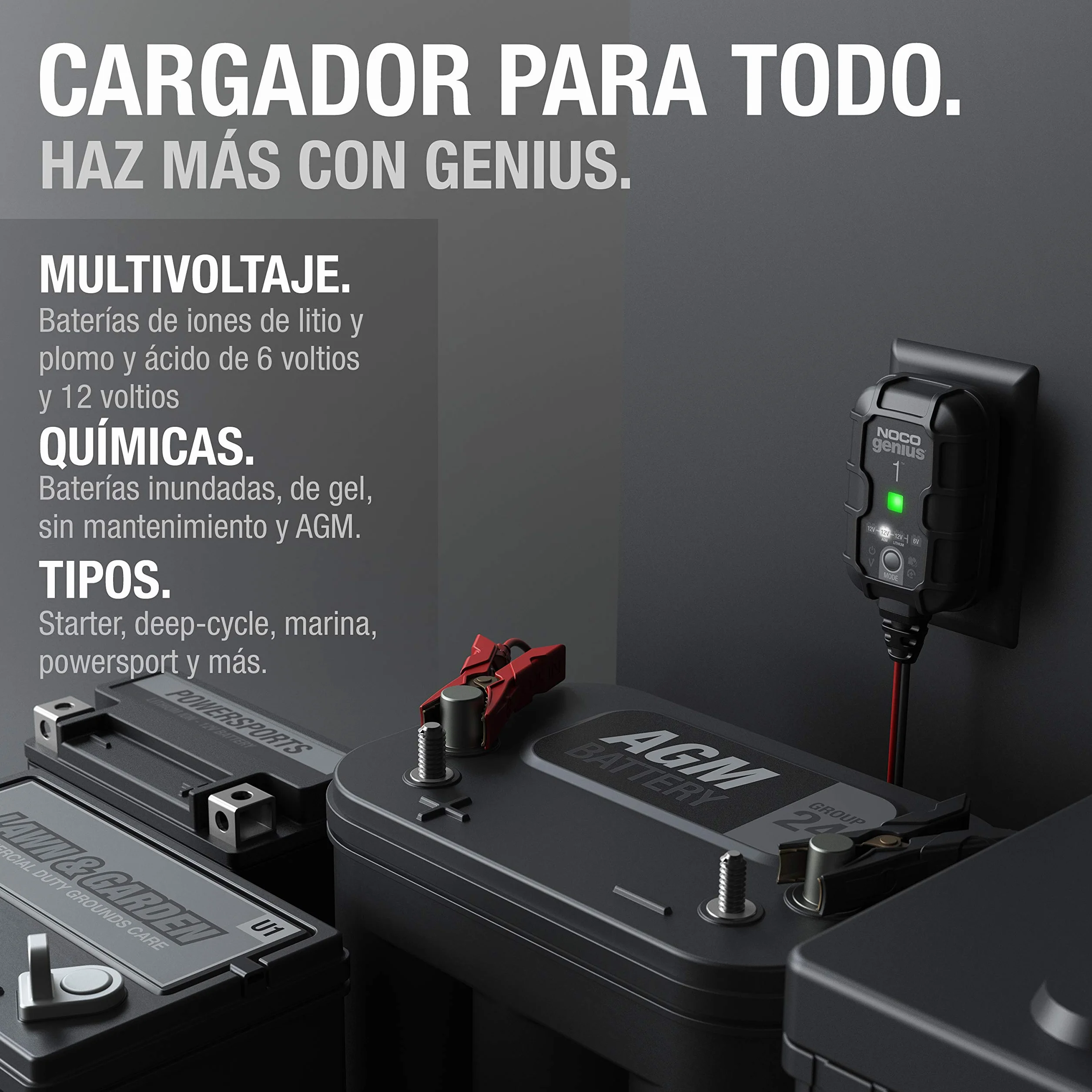NOCO GENIUS1: Cargador Inteligente de baterías 1A 6V/12V – Mantenedor automático y desulfatador – Protección contra sobrecarga y compensación térmica – para baterías de Plomo y Litio
