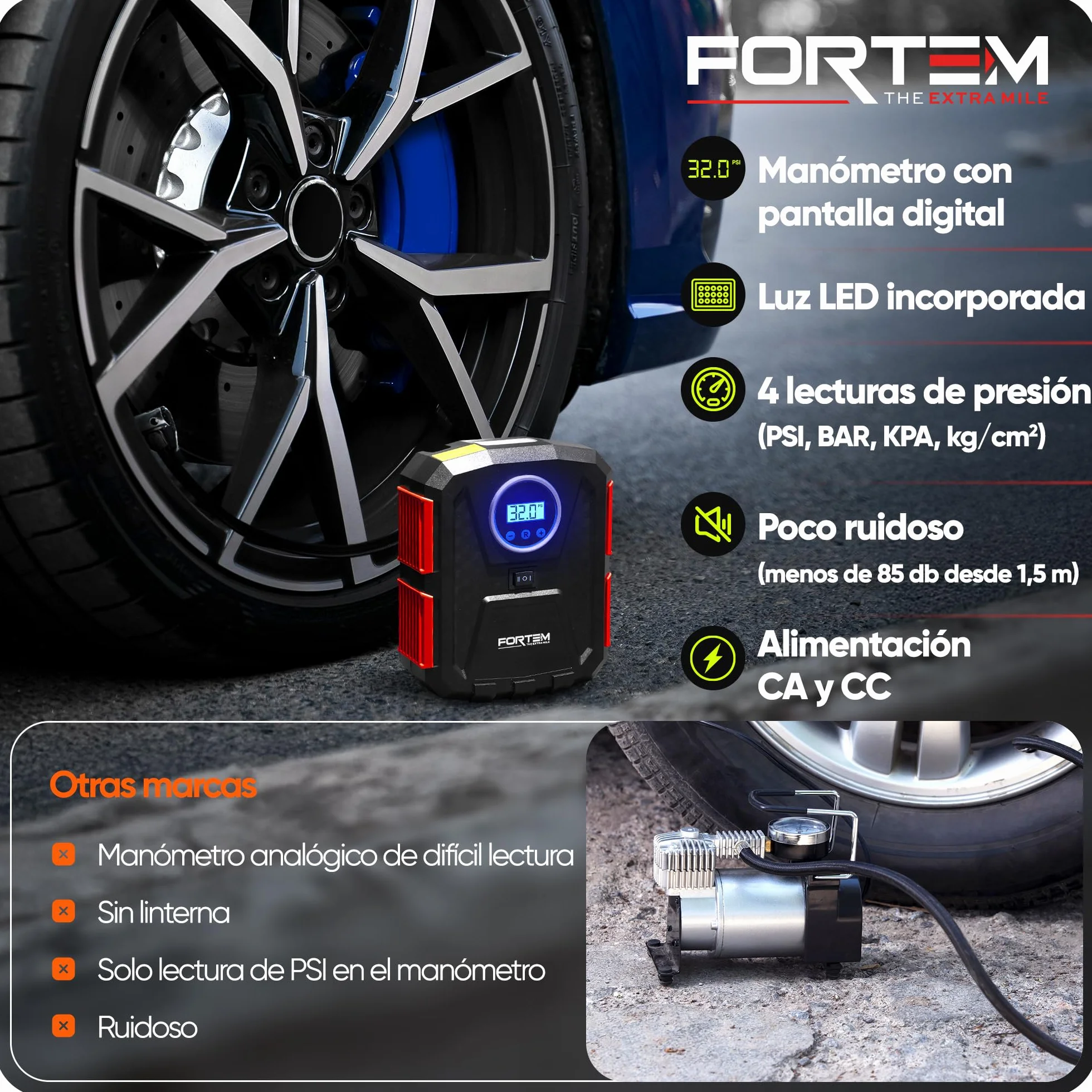FORTEM Inflador de Ruedas de Coche, Compresor de Aire - Manómetro Digital, Autobombeo, Parada Automática - Bolsa de Transporte