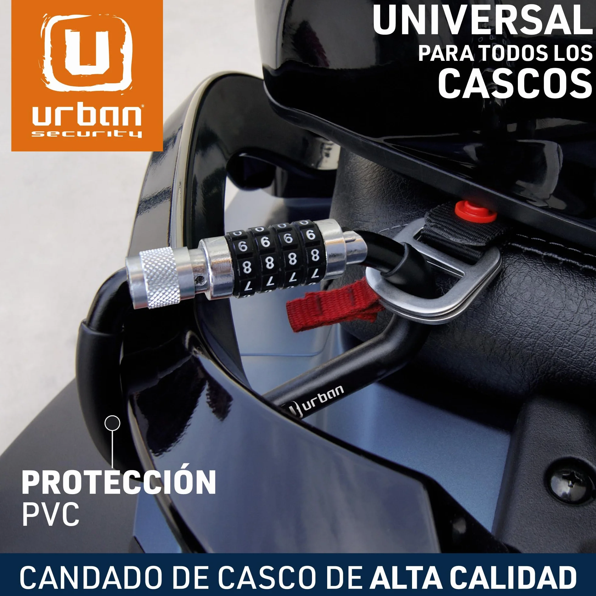 URBAN UR140 Candado Casco Moto, Mosqueton con Código 4 Digitos Más Seguro, Adaptador T Hebilla, Cable Seguridad Acero Trenzado Más Visible, Accesorio Antirrobo Universal para Casco Moto Bicicleta