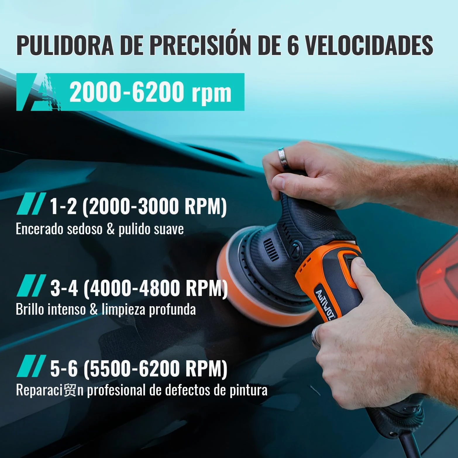 AUTIWOZ 630W Pulidora Orbital 125mm 9mm 6 Velocidades Variables 2000-6200 rpm para Detallado Automotriz