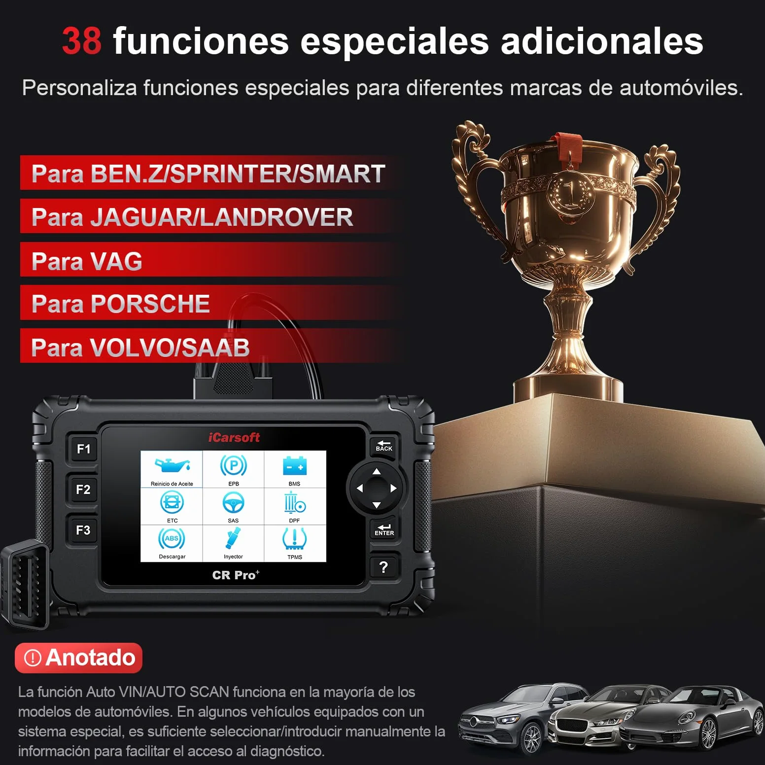 iCarsoft CR Pro+ OBD2 Máquina Diagnosis Coche Multimarca Español, Escáner de Todo el Sistema, 49 Funciones Reinicio, Bidireccional Detector Fallos Coche, Prueba de Batería, Vin Automático