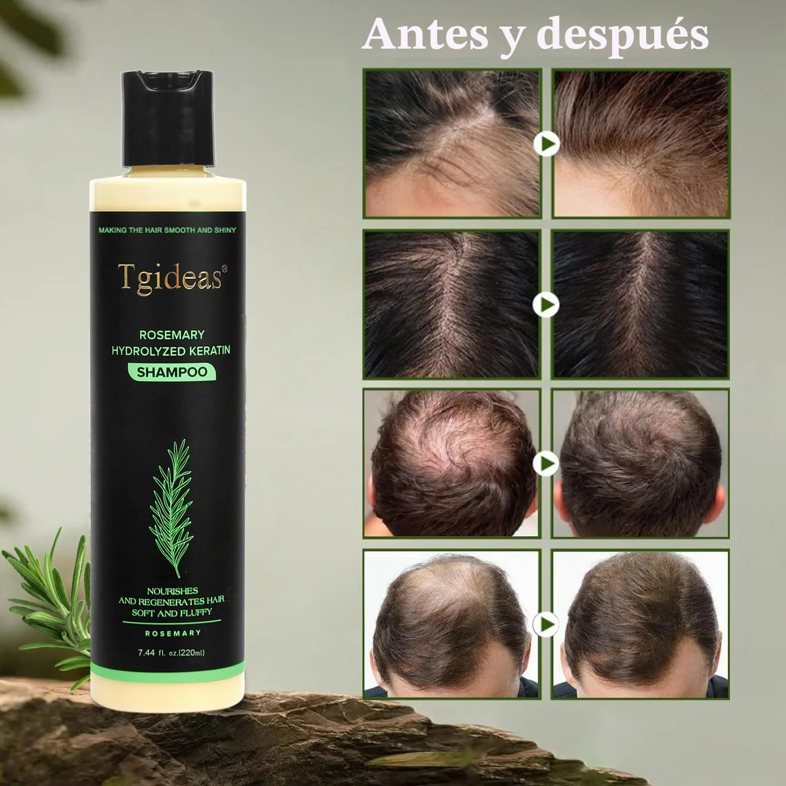 Champú orgánico de romero para crecimiento y fortalecimiento del cabello con queratina hidrolizada 7,4 ml