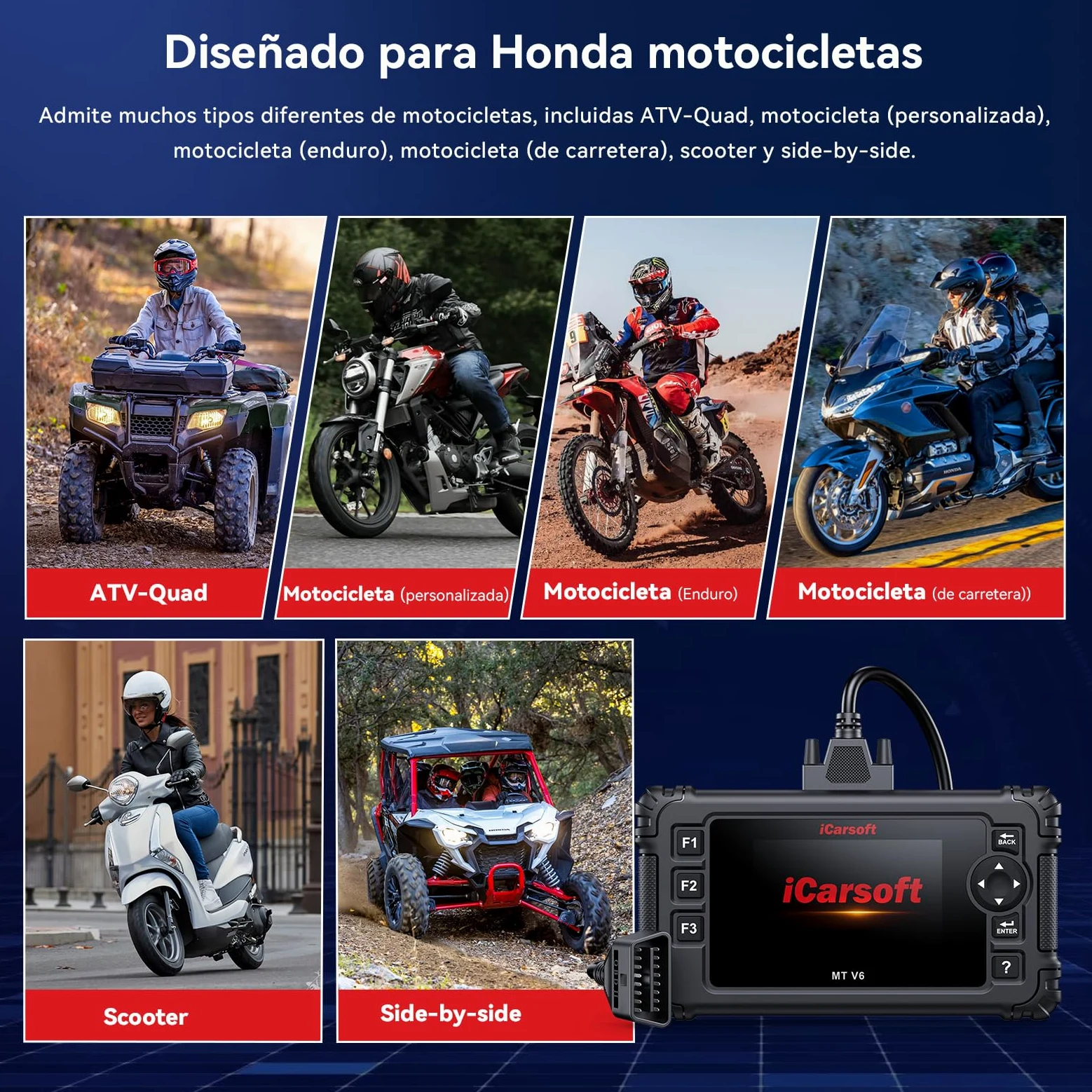 iCarsoft MT V6 para Honda Moto, Herramienta de Diagnosis de Sistema Completo, 7 Servicios, Lector de códigos de Motor con Vin automático, Prueba de batería y actualización de por Vida.