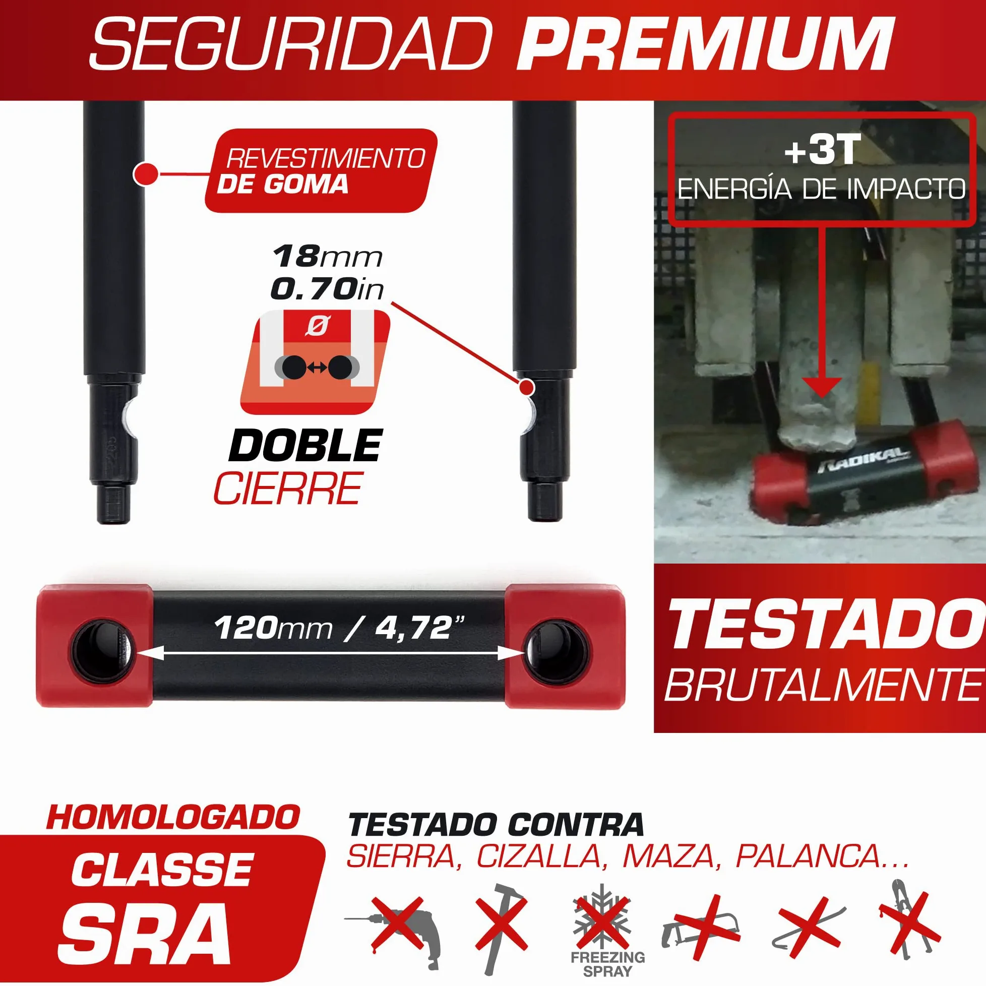 RADIKAL RK120310 Candado Moto U Premium Homologado SRA, 120x310mm Más Opciones Bloqueo, Arco ø18mm Acero Cementado Revestido de Doble Cierre, Cerradura Antirrobo U Lock Scooter, Bici Eléctrica