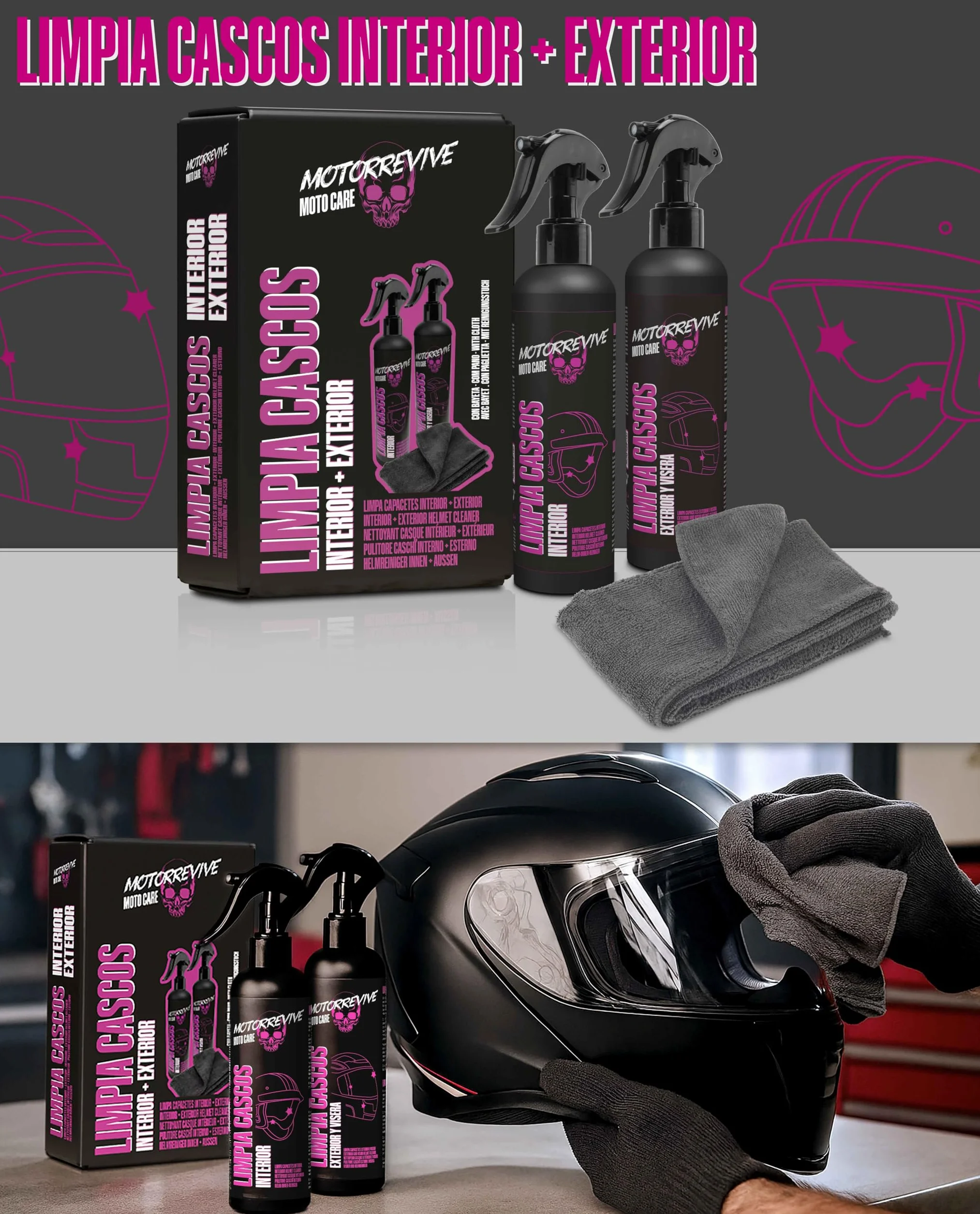 Pack Limpieza de Cascos de Moto 200 + 200 ml. Spray limpiador Interior + Exterior y Visera + Bayeta de Microfibra. Higiene Completa y Cuidado Profesional para Casco de Motocicleta