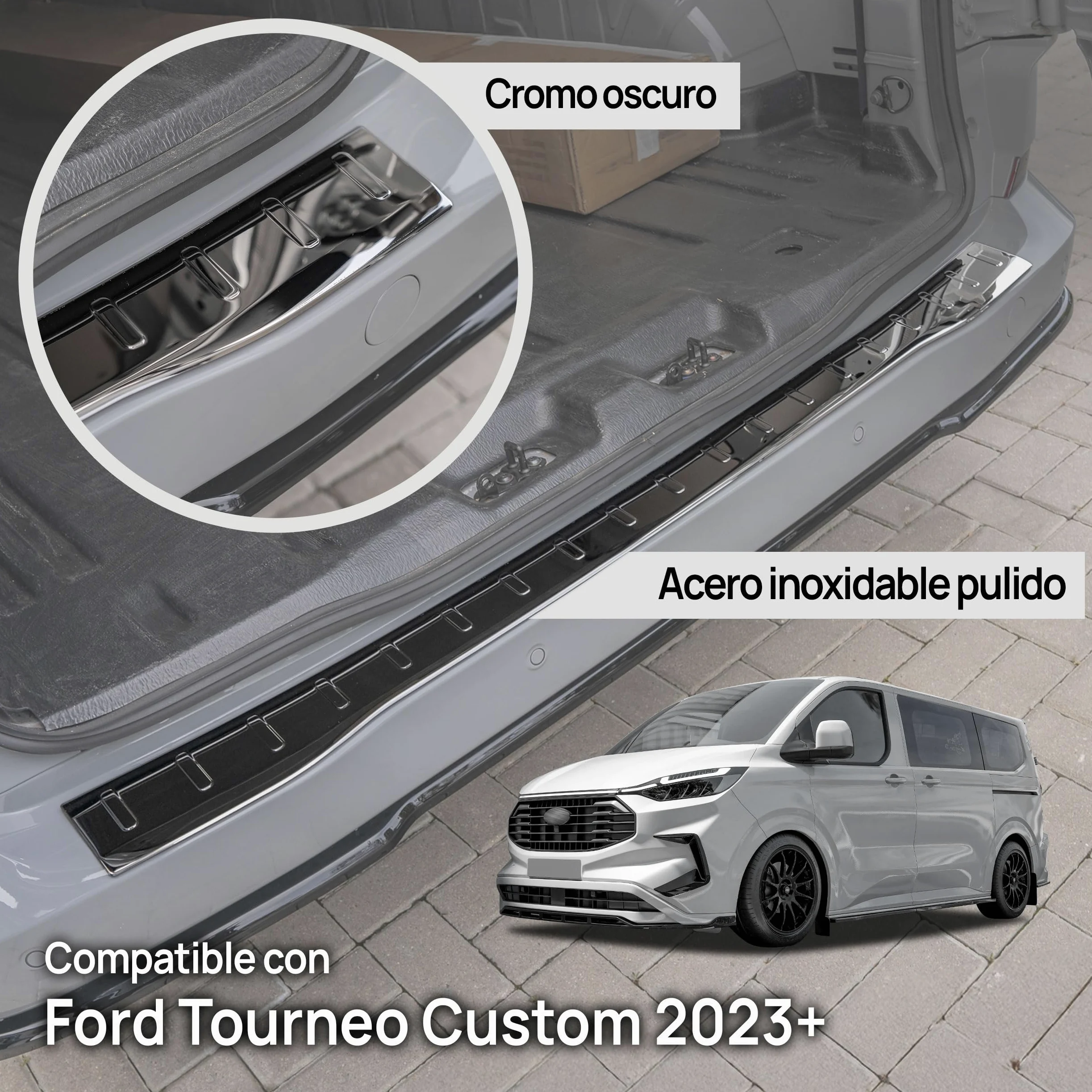 CHROMEMASTER | Protector de Parachoques Trasero Compatible con Ford Tourneo Custom 2023+; Acero Inoxidable, Pulido, Cromo Negro; Tira Protectora Protege la Pintura del Parachoques Trasero de Daños