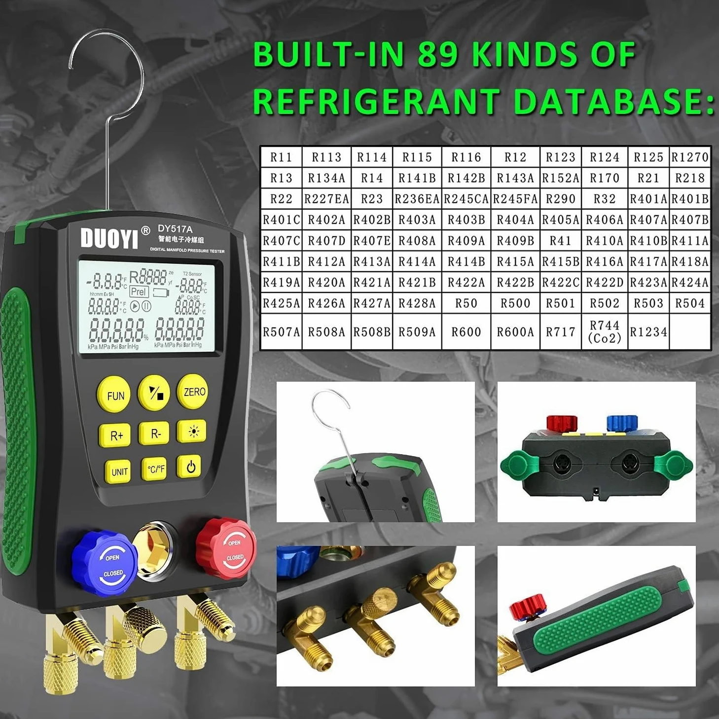 Manómetro digital HVAC con sondas de temperatura dobles para pruebas compatibles con R134a, R22, R12, R502, R407C, R410A, R404A, R32 (A)