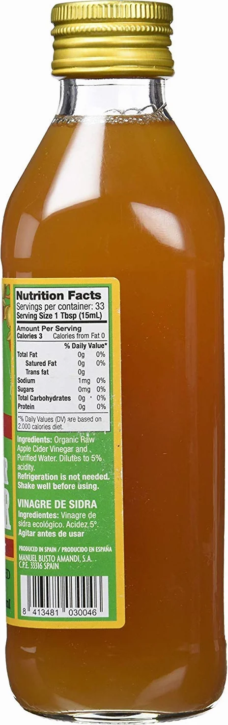Vinagre de Sidra de Manzana Ecológico con la Madre, Sin Pasteurizar, Sin Filtrar, Sin Gluten, Vegano, Pack 6 x 500 ml