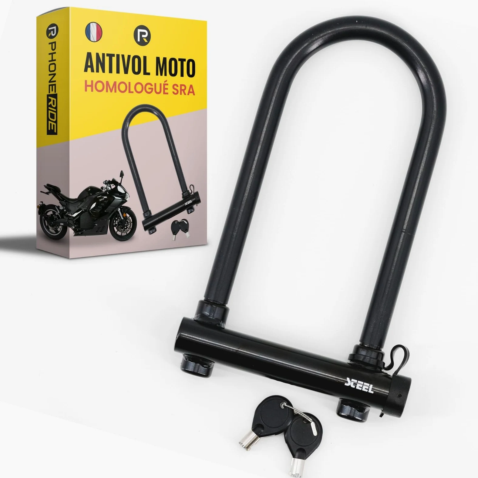 Antirrobo para moto SRA Ø18 mm Tipo U – Antirrobo para moto homologada SRA de acero cementado conforme a las normas de seguridad francesas, doble mecanismo de bloqueo y llave reversible (Steel 110)
