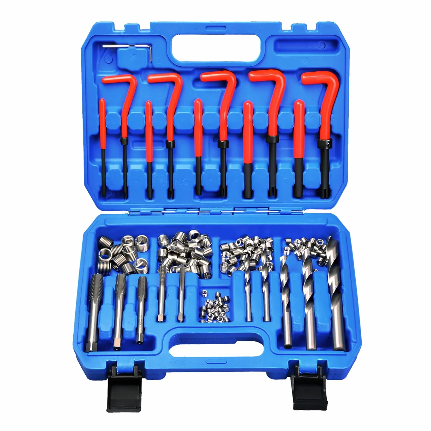 Kit de reparación de rosca helicoil, 131 piezas, métrico M5 M6 M8 M10 M12 con herramienta de reparación de inserción de rosca de taladro HSS