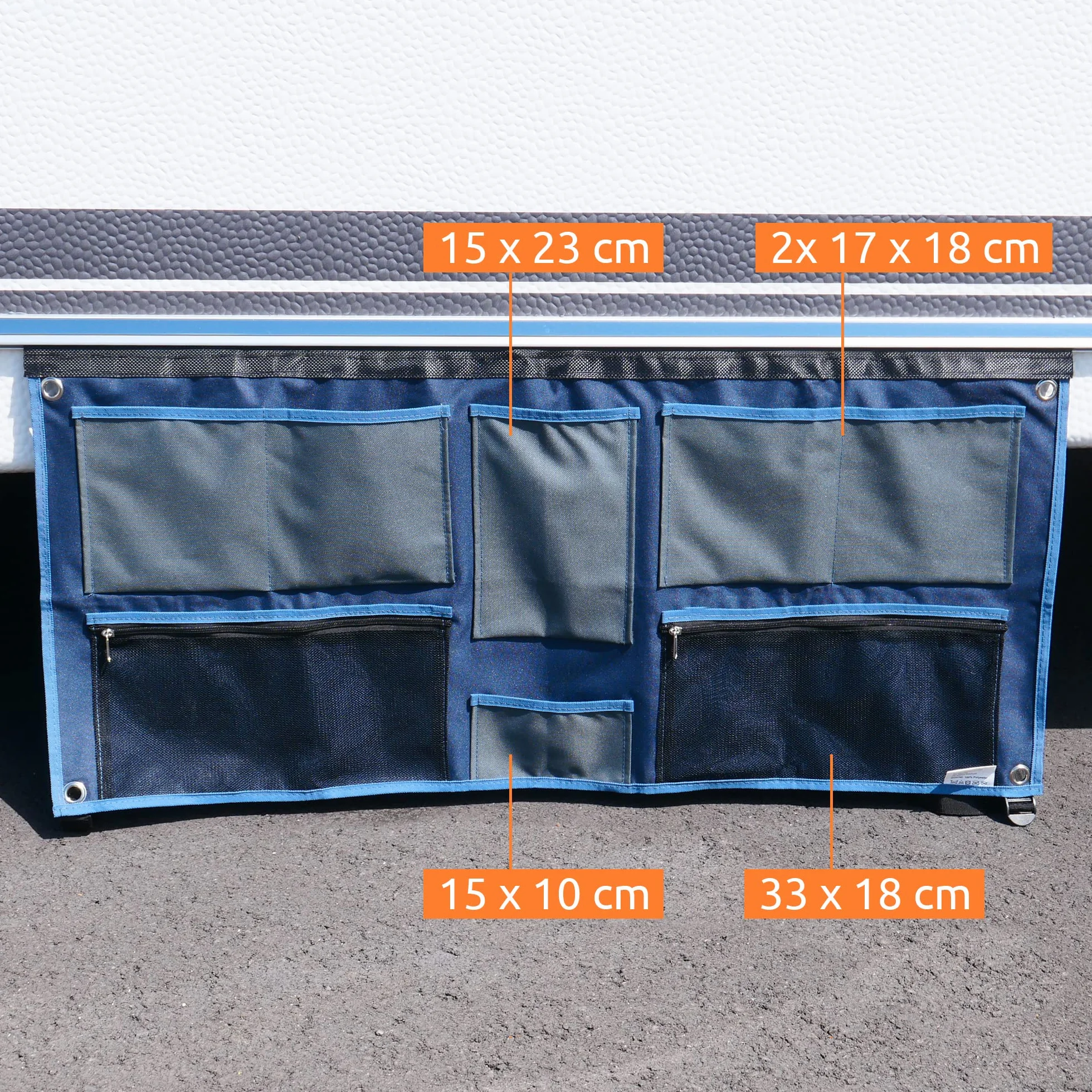 your GEAR Organizador de caravanas – Estante colgante/Barra de ganchos para caravana 45 – 140 cm | Variantes de bolsillo, zapatos, tableta, ancho, malla, ganchos | Almacenamiento de camping 4-12