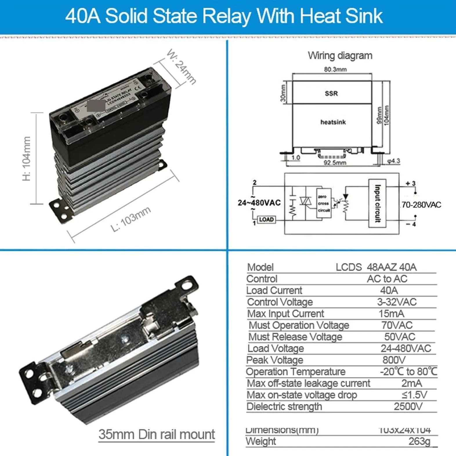 1 Uds AC a AC 10A 25A 40A 60A 80A 100A 120A SSR con disipador de calor relé de estado sólido relé Industrial montado en Riel DIN(AC-AC 60A)