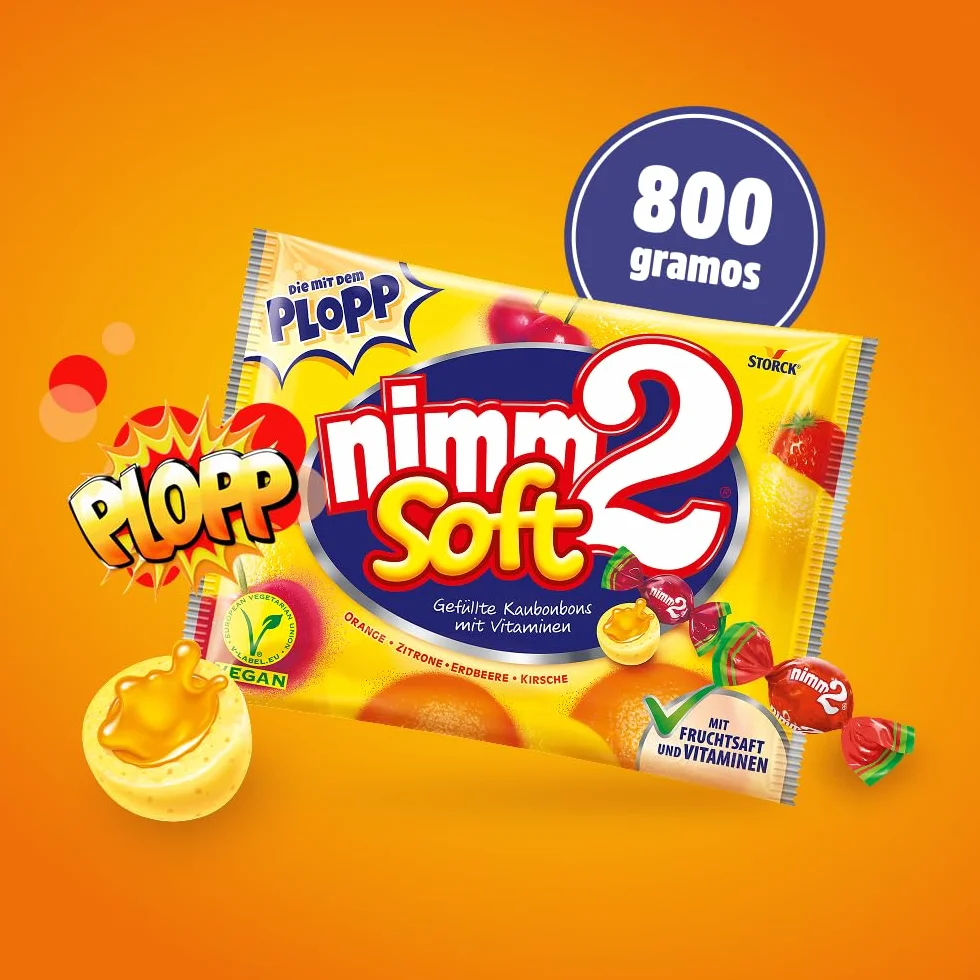nimm2 Soft Caramelos Masticables Rellenos de Zumo de Frutas con Vitaminas Bolsa 800g