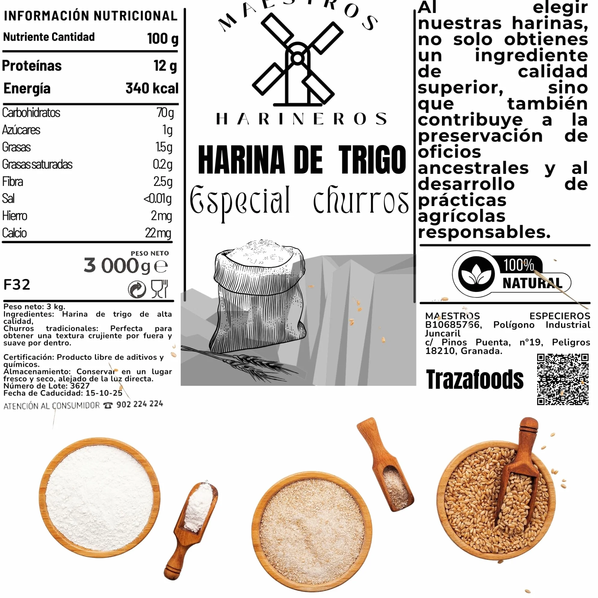 Harina de Trigo para Churros, 3 kg - Maestros Harineros - Granulometría Fina, 100% Trigo Duro
