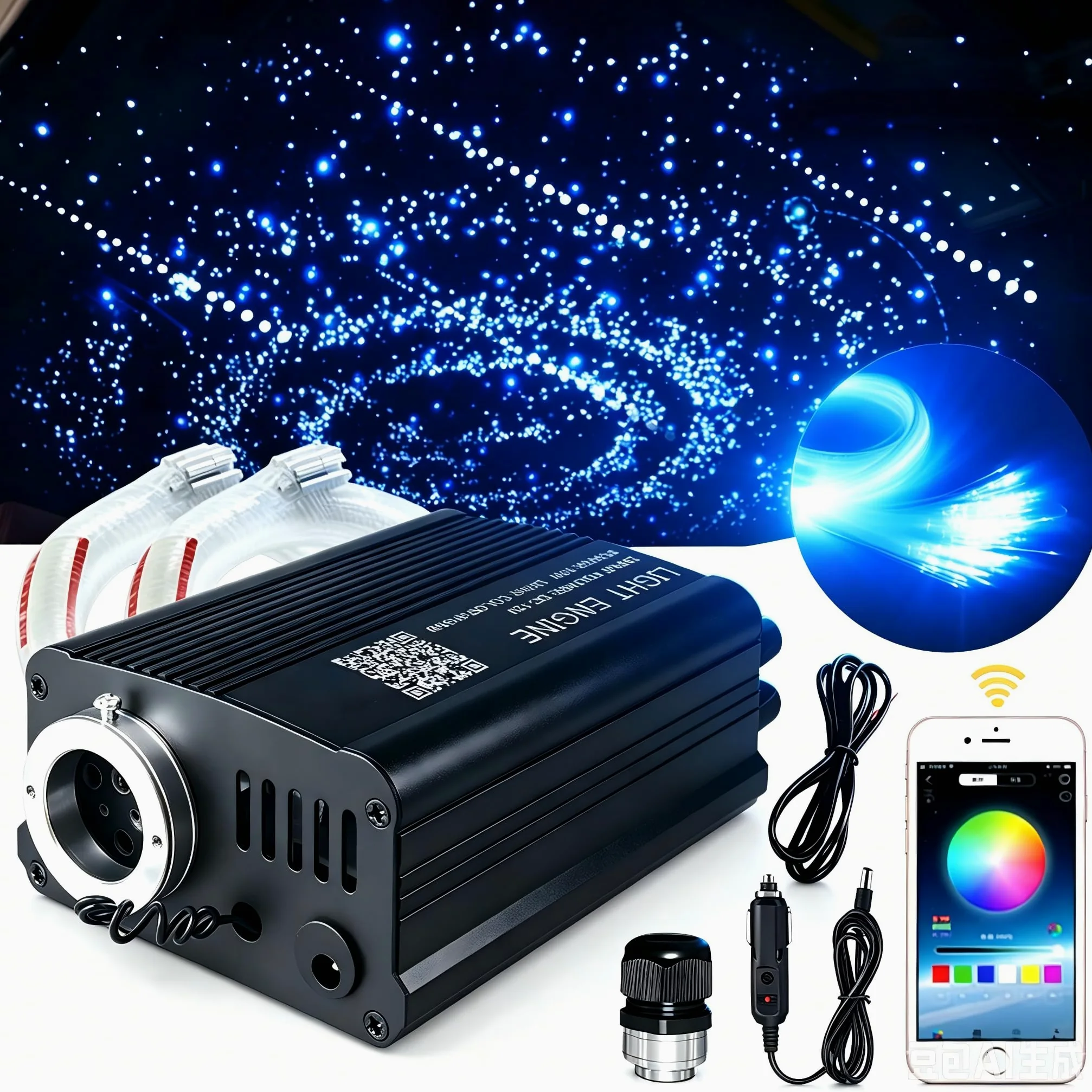Lámpara de techo de 16 W con efecto cielo estrellado de fibra óptica para auto con 650 piezas * 0,75 mm * 3 m Twinkle Meteor 2 en 1 Modelo Música Sync APP Control para regalos de boda Luces de
