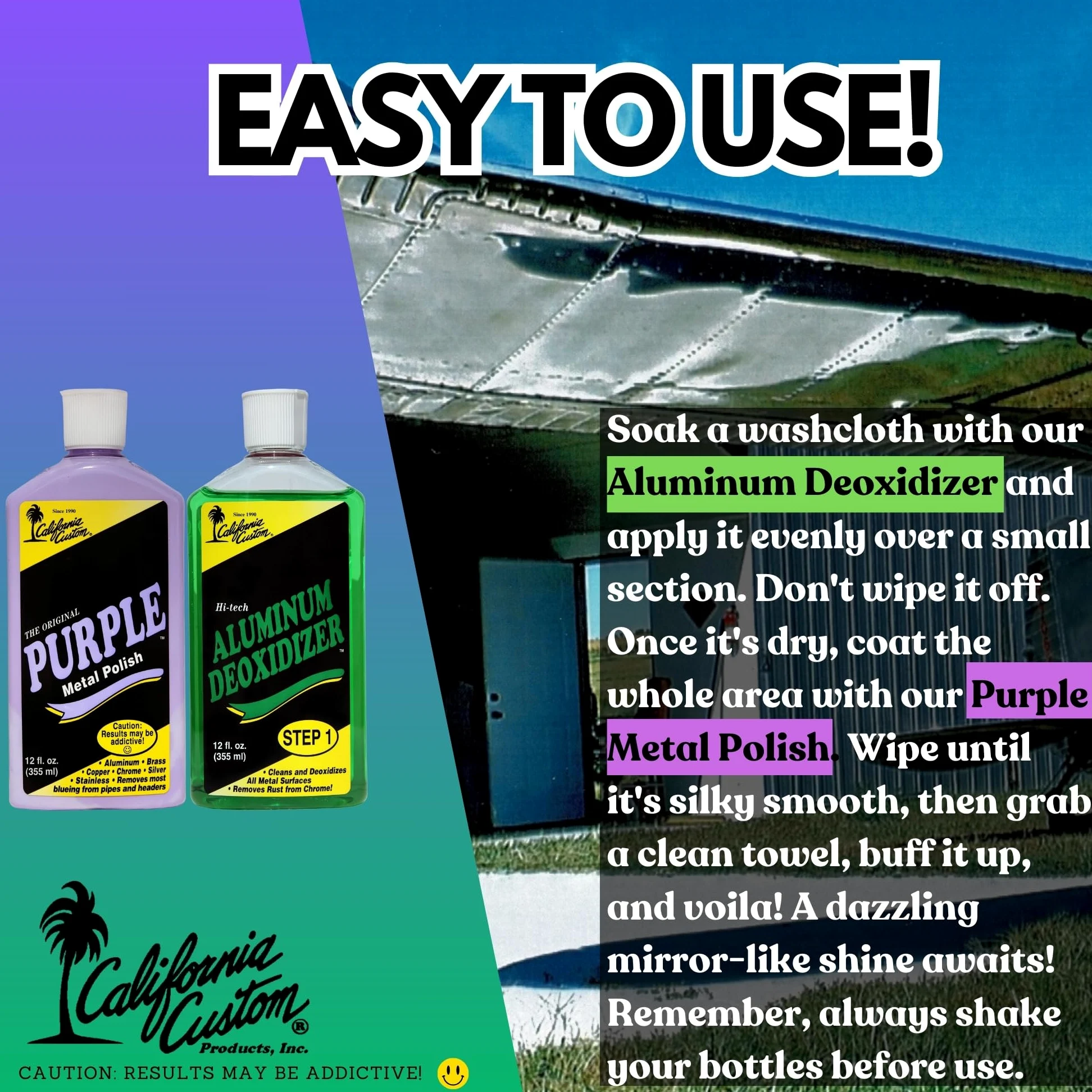 CALIFORNIA CUSTOM Productos: esmalte de metal violeta + desoxidante de aluminio, sin silicona, seguro para carrocería, ideal para aluminio, latón, cobre, cromo, plata, acero inoxidable y oro