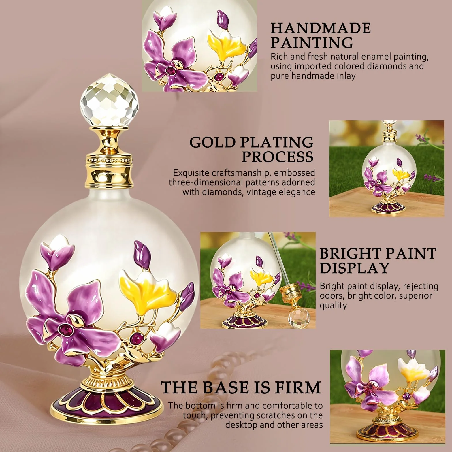 Joyeee Botellas de perfume de vidrio vacías 30 ml con magnolia rosa, frascos portátiles de aceite esencial vintage