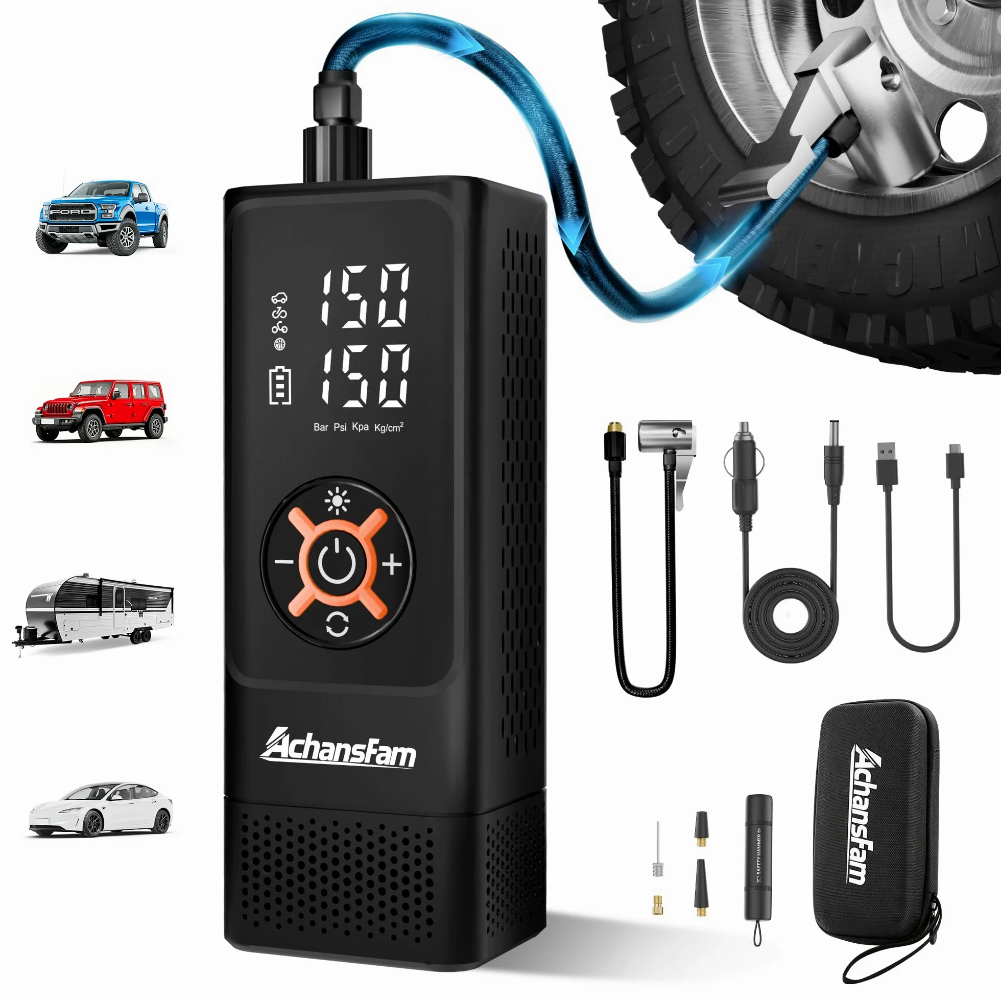 Compresor de aire portátil para neumáticos de coche, bomba de inflado de neumáticos inalámbrica 3 veces más rápida de 150 PSI, adaptador de larga duración y 12 V CC, con medidor digital, para