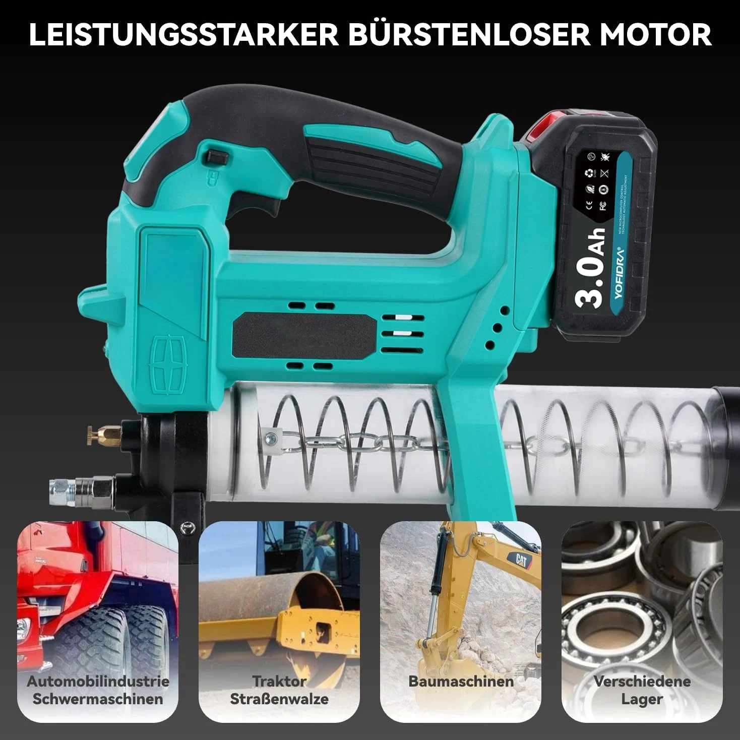 Pistola engrasadora eléctrica con batería, 10000 PSI, con manguera de 40 cm, pistola de engrase 2 en 1 para cartuchos y grasa suelta, luz LED, 2 baterías de 3000 mAh, para agricultura