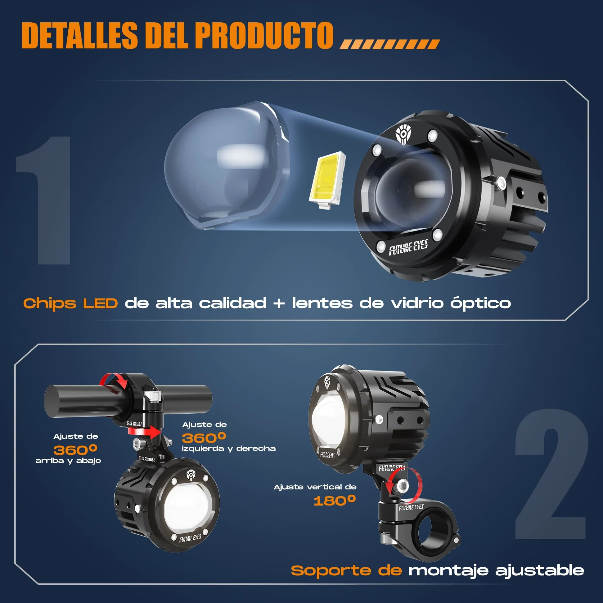 Future Eyes Faros Antiniebla LED para Moto, Foco Auxiliar de 60W con Giro de 360°, Luz Larga/Luz Corta, Luces Impermeables para Conducción Nocturna, ATV, UTV y Faros de Motocicleta