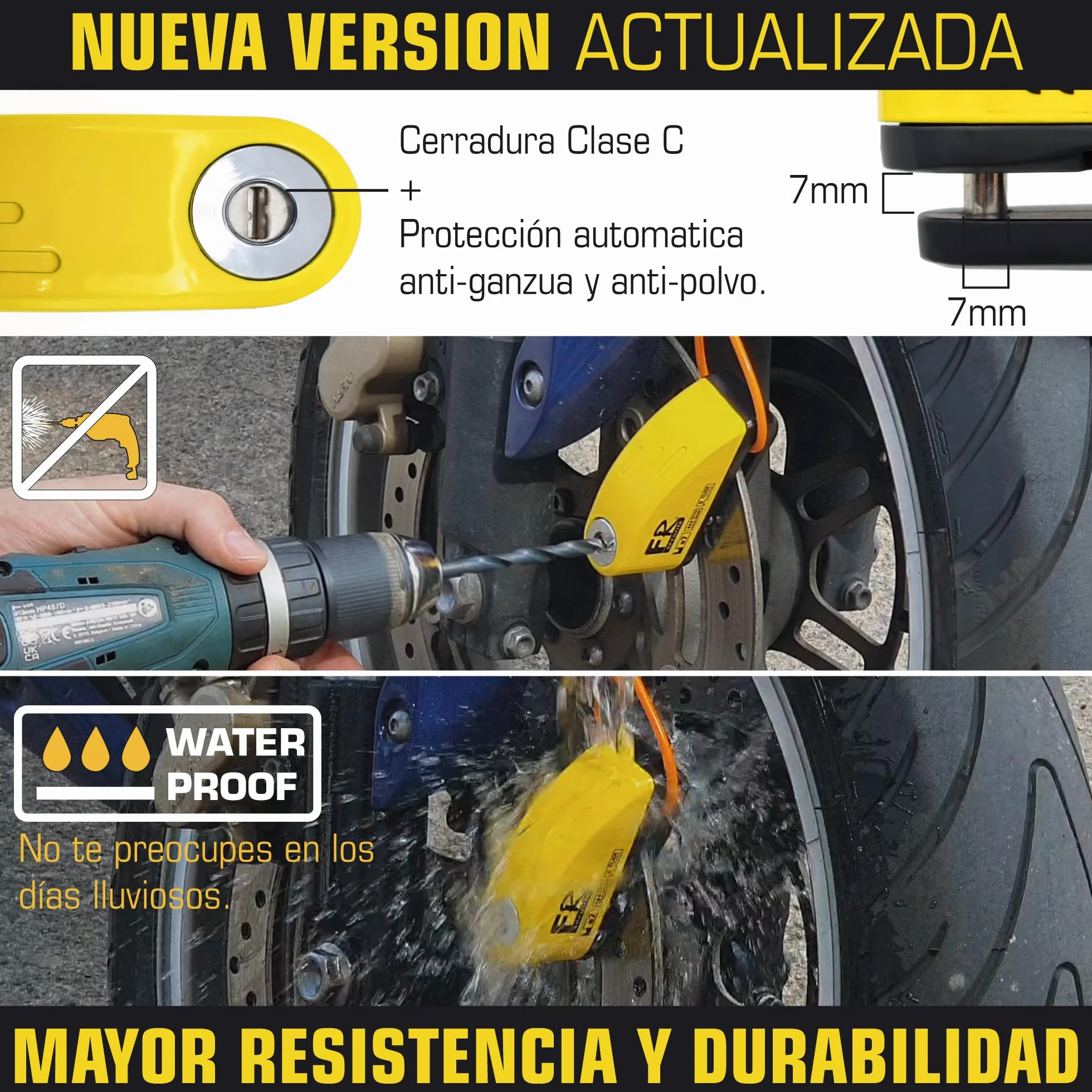 FR Sécurité FR7Y Candado Moto Disco con Alarma 110 DB, Antirrobo Moto Freno 7mm con Accesorios 1.5m Cable Recordatorio y Candado Bolsa, Pinza Moto Antirrobo para Motocicletas Bicicleta