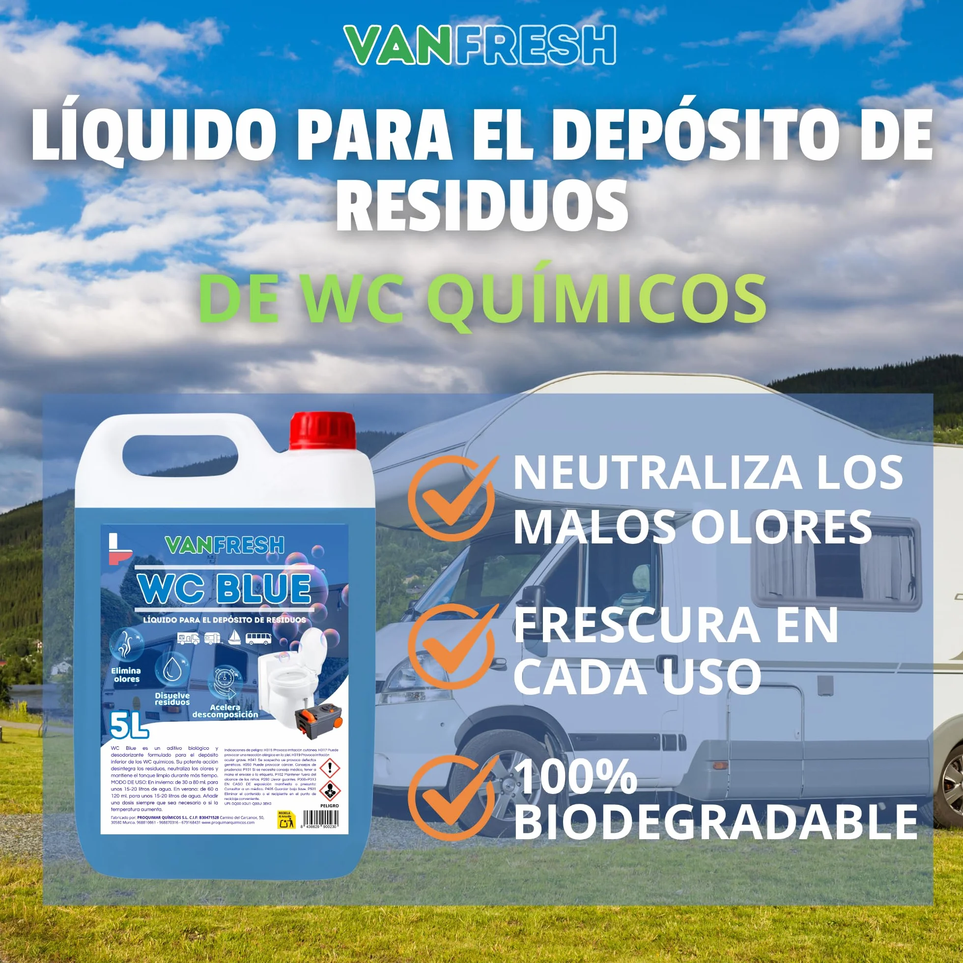 Vanfresh WC Blue – Líquido para Depósito de WC Químico 5L | Aroma Fresco, Limpieza y Control de Olores para Inodoros Portátiles, Autocaravanas y Camping