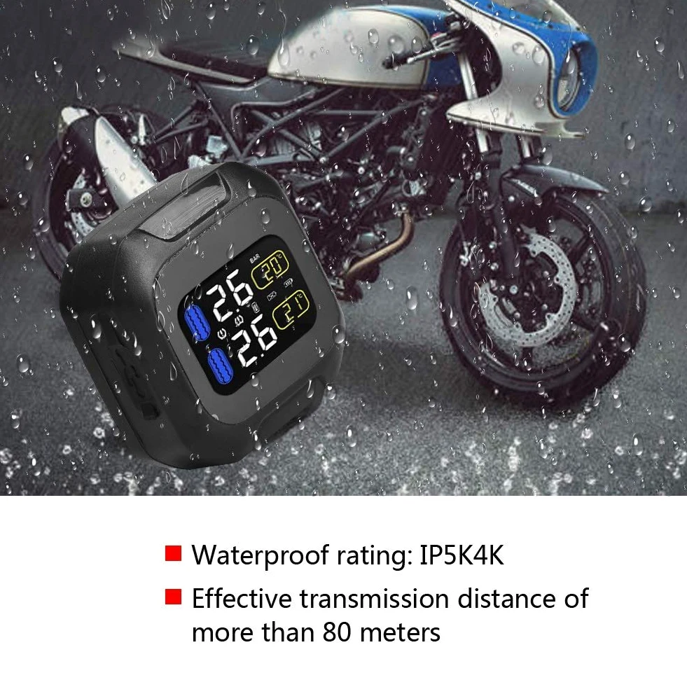 de monitorización de presión de neumáticos TPMS inalámbrico, de monitorización de presión de neumáticos con sensor TPMS inalámbrico de motocicleta con 2 sensores externos