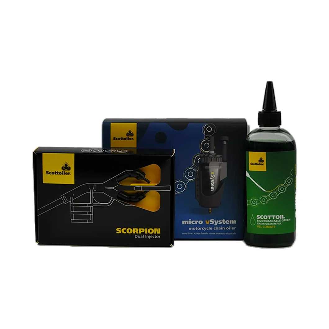 Sistema de lubricación automático de cadena de moto Scottoiler Essentials Micro vSystem & Inyector Dual Scorpion - Aplicador de Alimentación Dual con Bundle de Recarga de 250ml de Scottoil Verde Biode