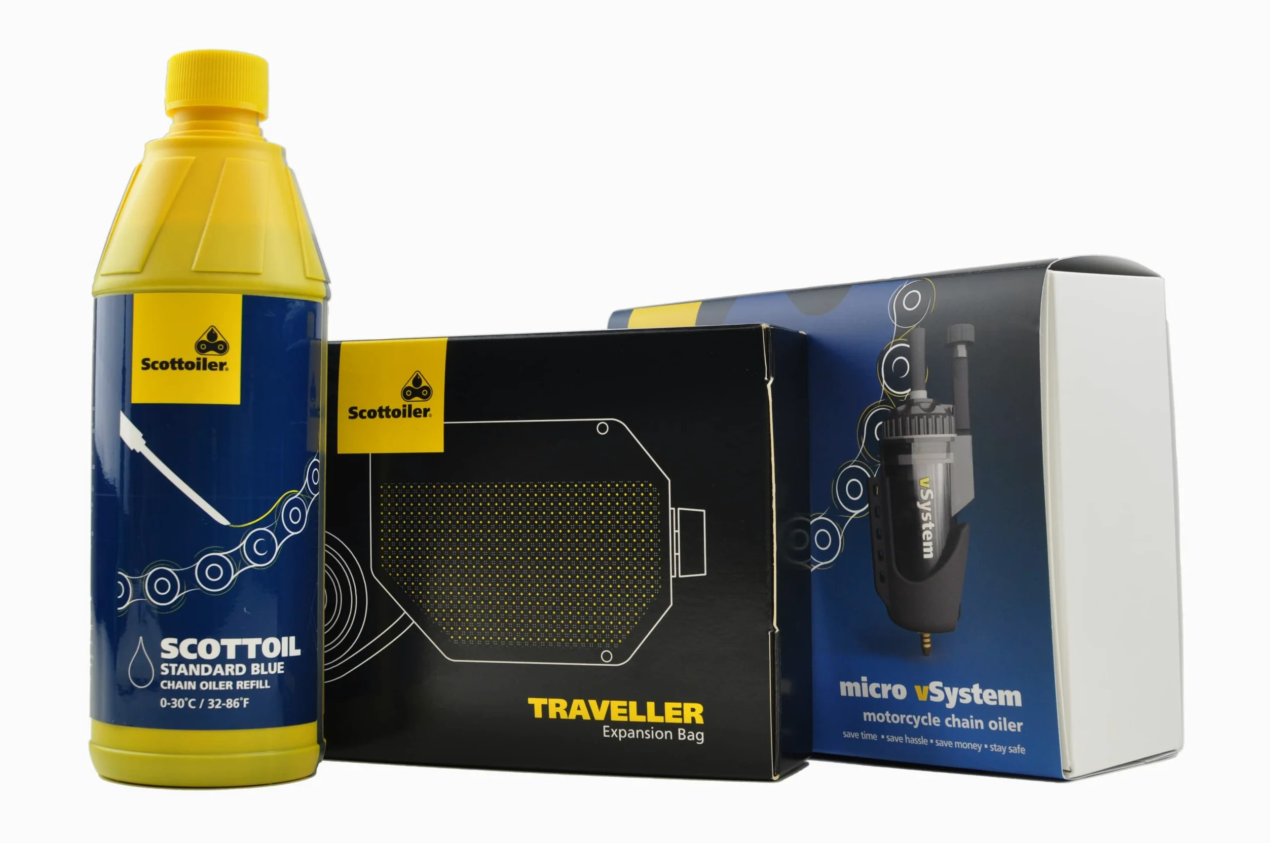 Scottoiler Essentials - Micro-vSystem - Lubricador Automático de Cadena de Motocicleta con Extensor de Alcance Traveller y Recarga de 500ml de Scottoil Azul Estándar - BUNDLE Kit de Largo Alcance