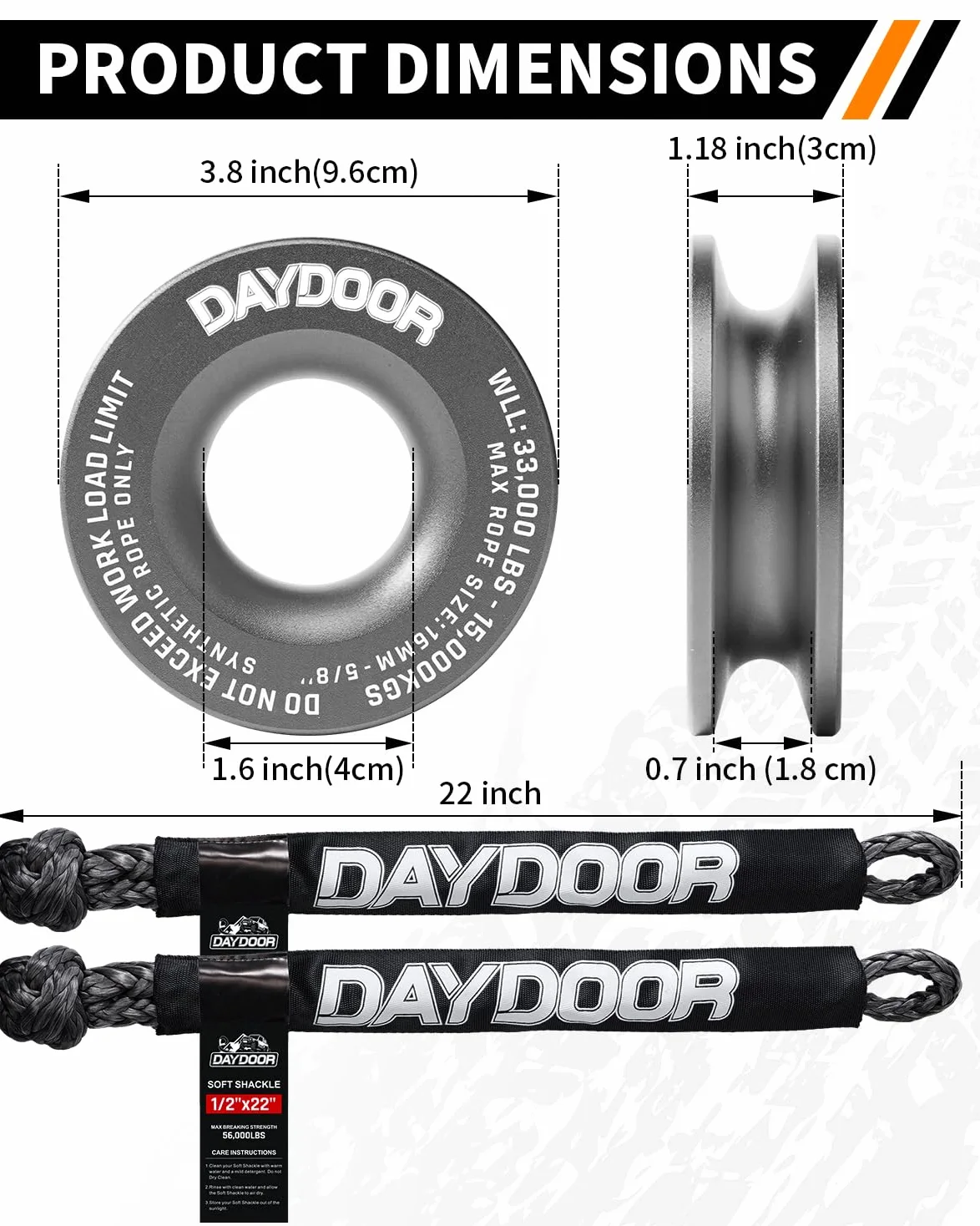 DAYDOOR Kit de Anillo de recuperación de grillete Suave sintético y cabrestante, 2 grilletes Suaves de recuperación de 1/2 x 22 Pulgadas (Resistencia a la Rotura de 55 Libras), 1 Anillo de