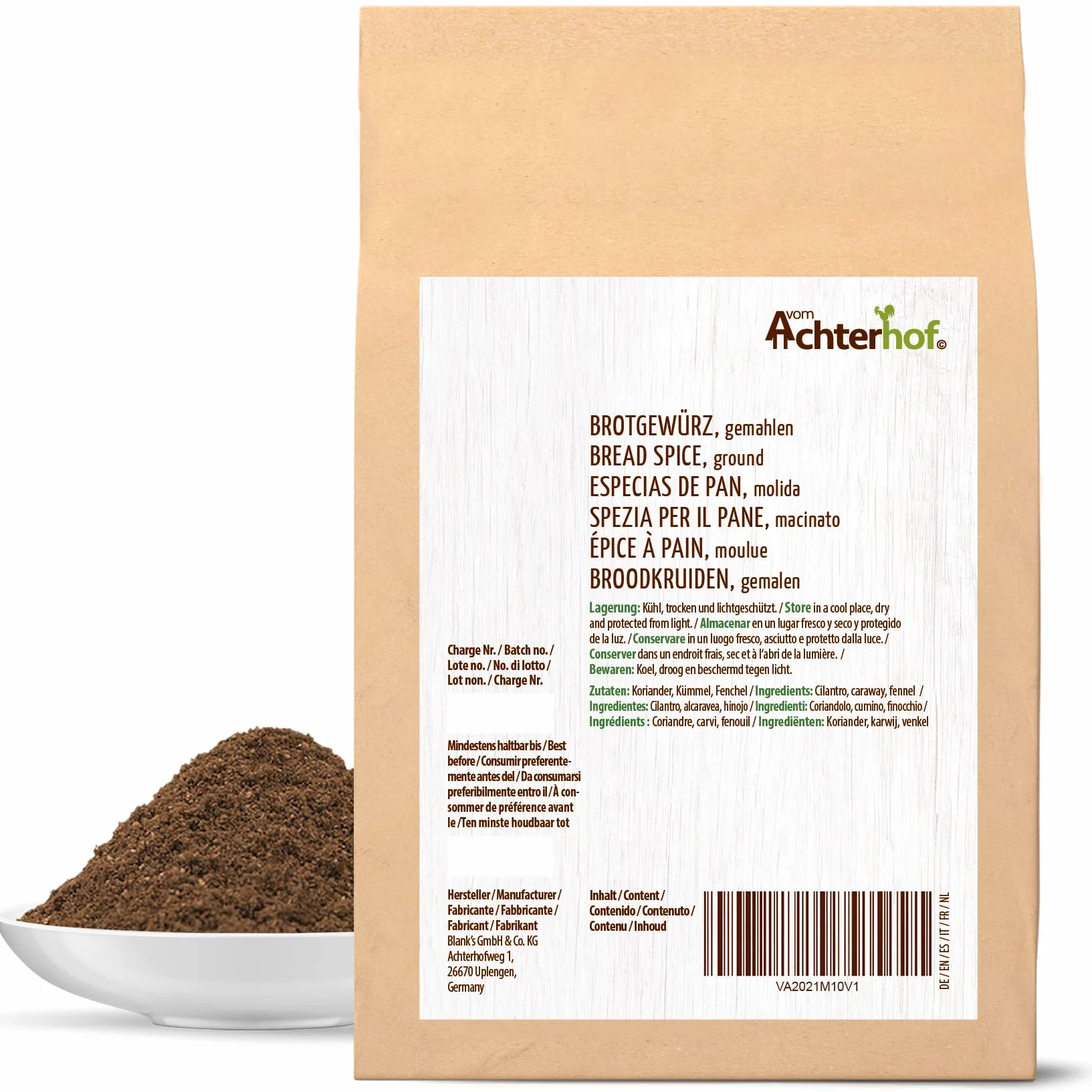 Especia para pan molida 100g con alcaravea hinojo cilantro sin potenciador del sabor Achterhof