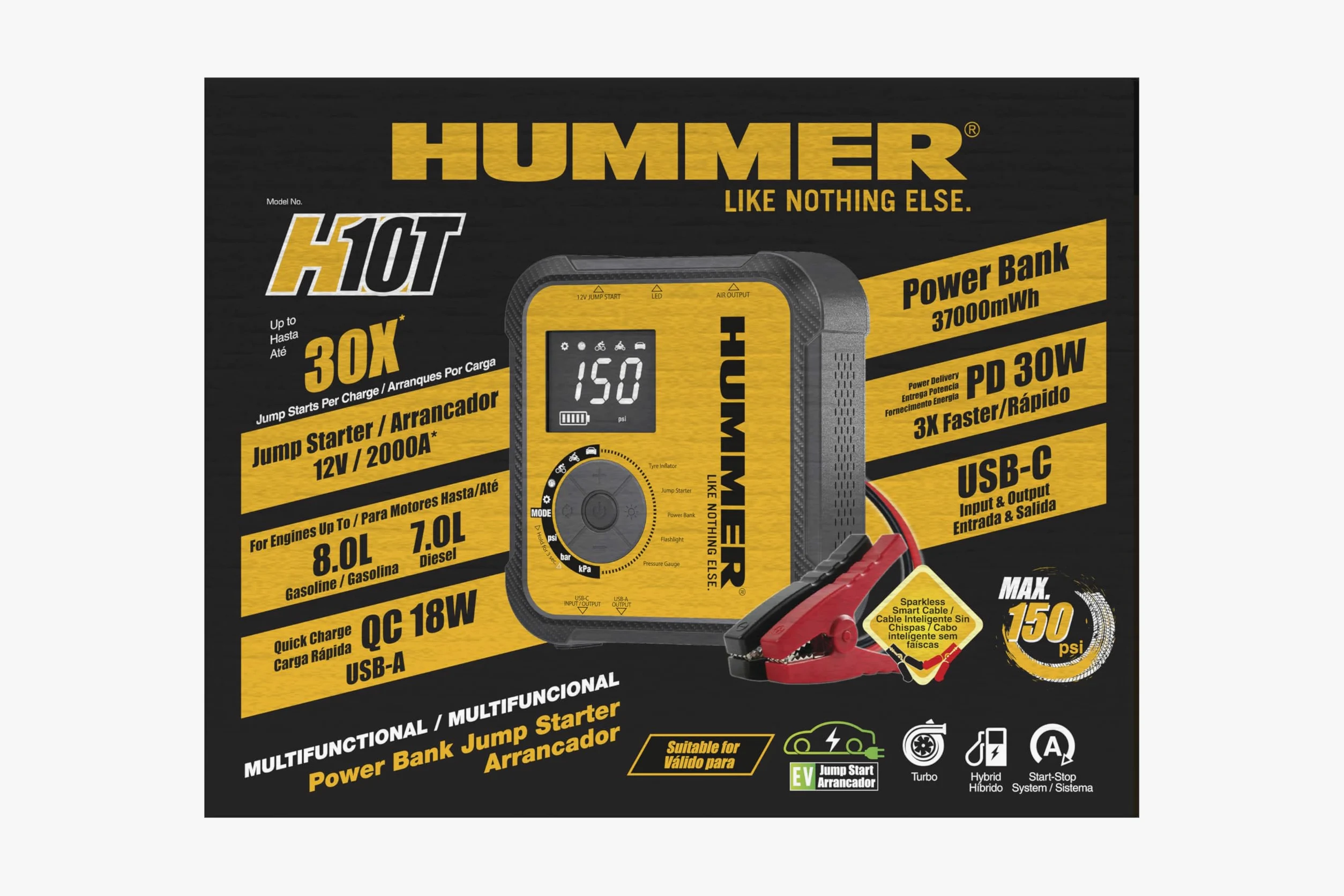 Hummer H10T Arrancador Multifuncional 10000mAh con Compresor 150 PSI, Jump Starter 2000A para Motores Gasolina 8.0L y Diésel 7.0L, Inflador Inalámbrico, Power Bank USB-C PD 30W y USB-A QC 18W